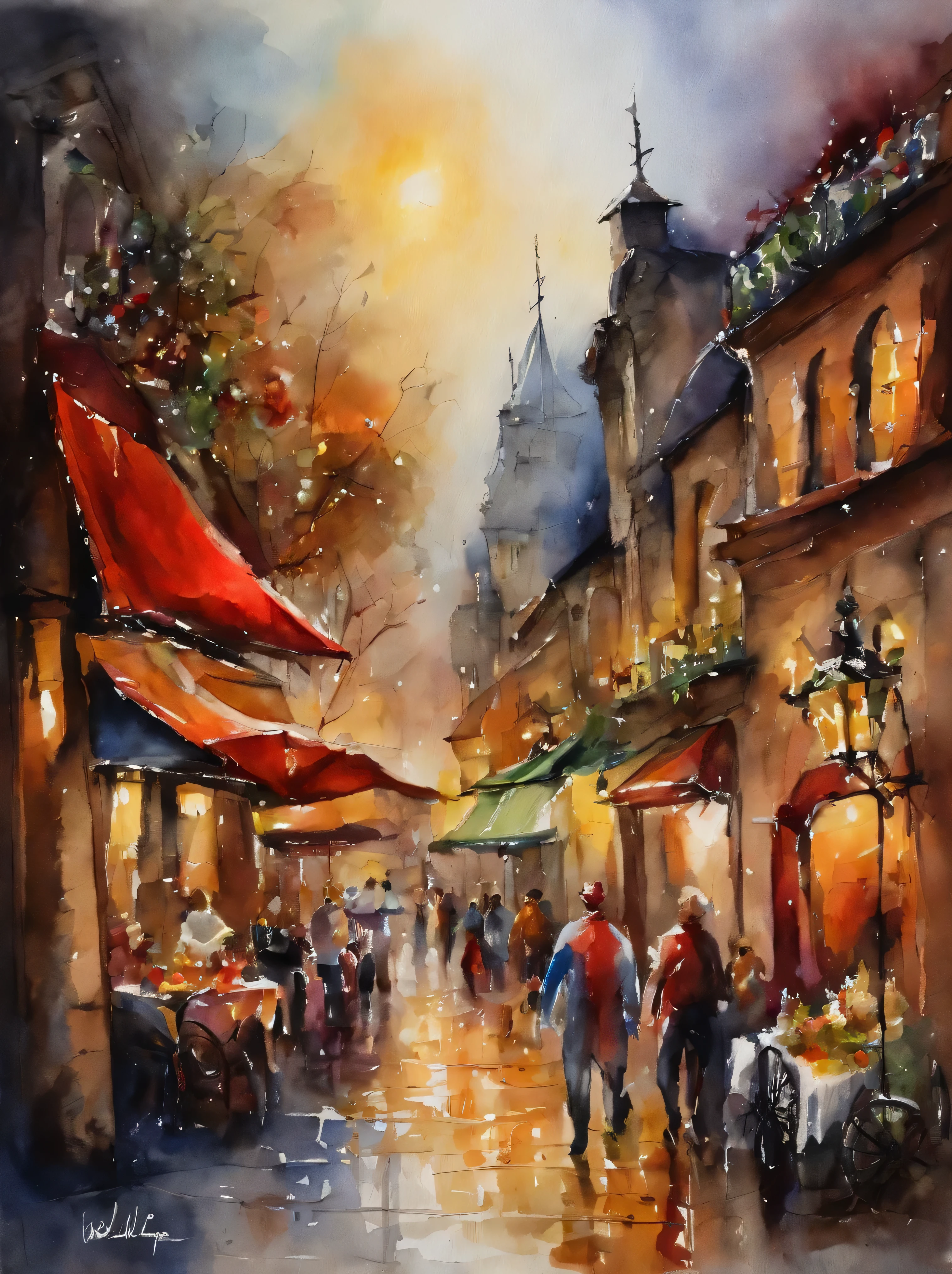 <lora:Willem Haenraets Style:1>Willem Haenraets Style - Bustling European marketplace filled with vibrant stalls, lively vendors, and bustling shoppers. A kaleidoscope of colors brings the scene to life in Haenraets' signature style.