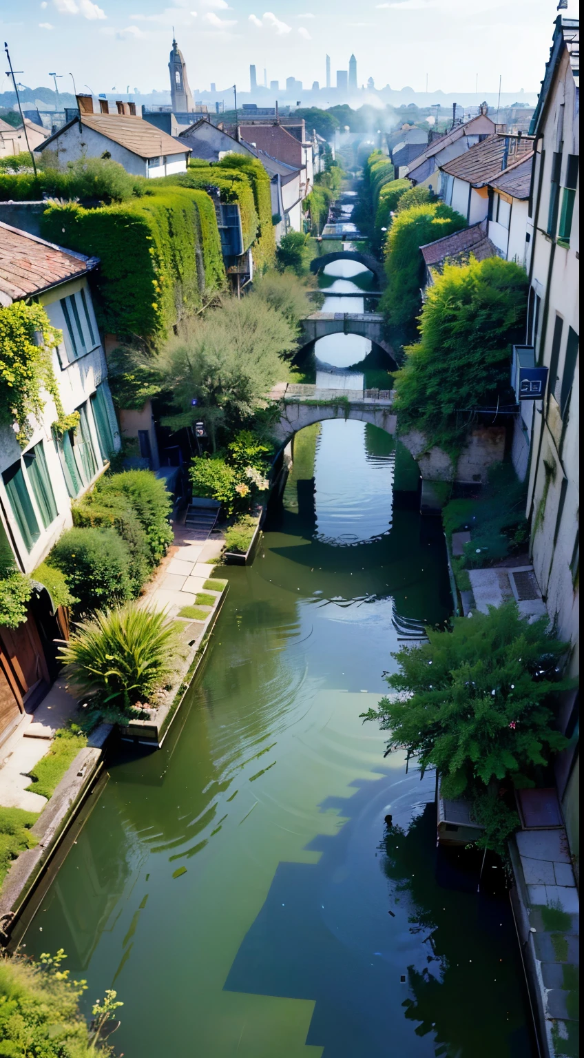 (a city built next to a swamp area),swamp-side architecture,(((birdseye view))),ancient ruins covered in moss and vines,waterlogged buildings,cobbled streets,flickering lamplights,shadows dancing in the mist,thick vegetation entwined with the city,lantern-lit canals,rippling water reflections,urban decay merging with nature,tangled roots piercing through pavement,urban environment contrasting with the lush greenery, vibrant colors ,(best quality,4k,8k,highres,masterpiece:1.2),(photorealistic,photo-realistic:1.37),(captivating cityscape), gothic architecture,