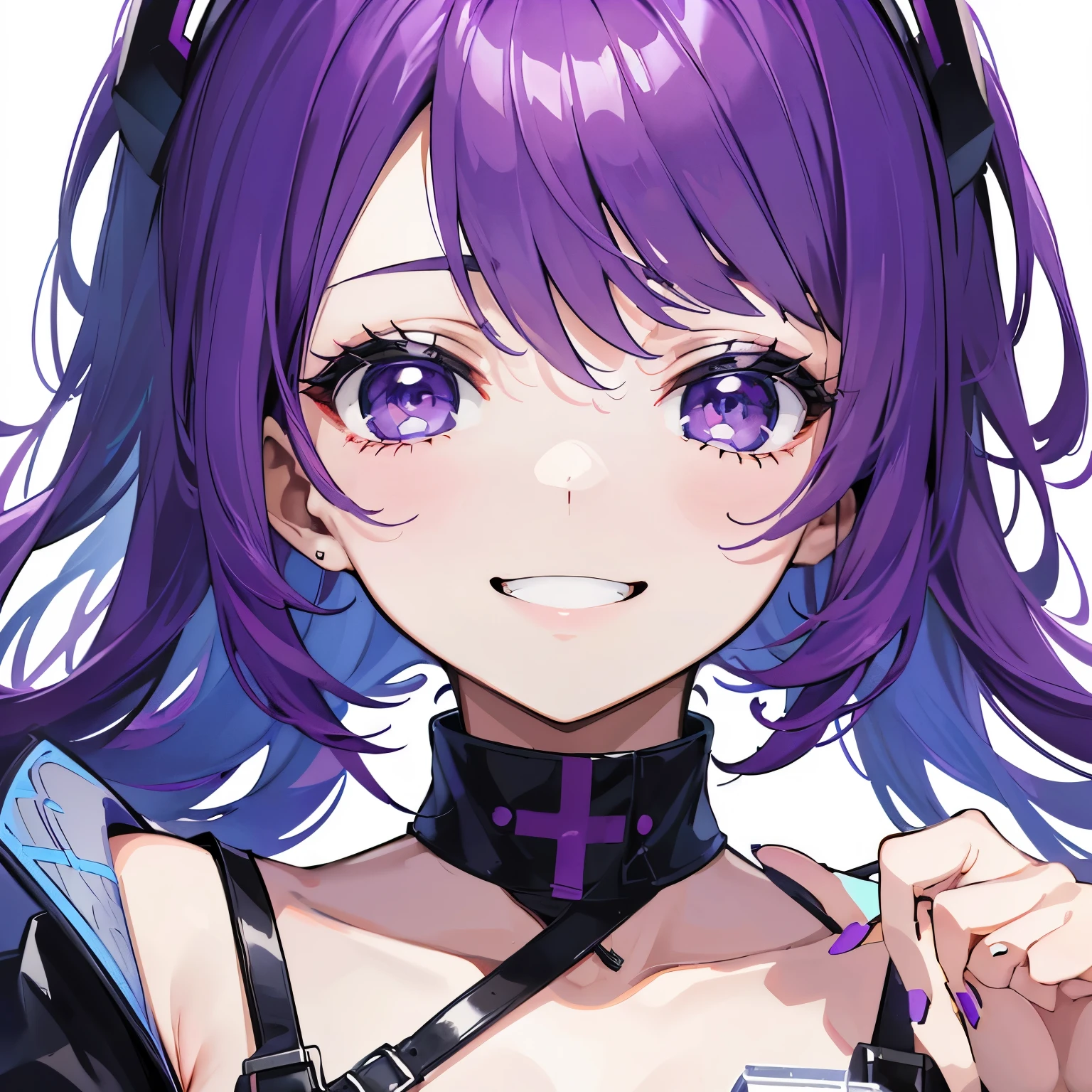 (T Masterpiece,4k wallpaper,best quality))、((girl1people))、(solo)、Brilliant,(purple hair)、(shortcut:1.3)、smile showing teeth