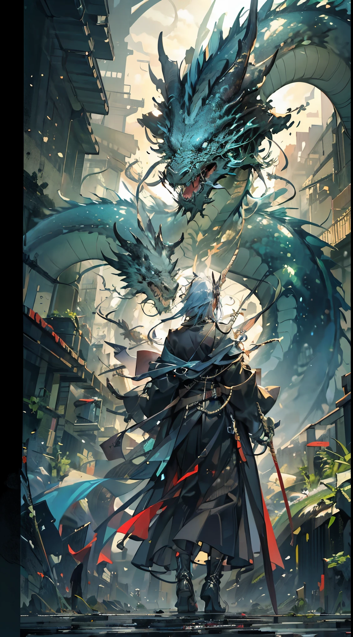 The back of the teenager,Long knives,Full of sense of technology,one-stop,Brilliant,clear young man's back,Dragon slaying