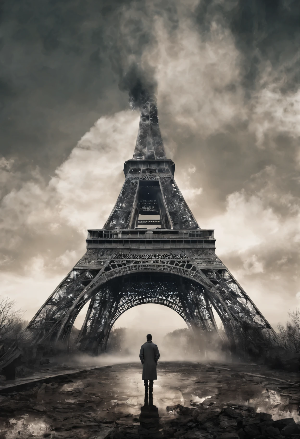 Obra maestra, Obra maestra, hiperrealismo, cinematographic image, 8k, Profundidad de campo, cinema lighting, a post apocalyptic take on the typical iconic image of the (torre eiffel en paris en ruinas),Lleno de verdor, image Post apocalyptic and dystopian., torre rota, ((en el cielo se ven planetas y (naves espaciales))), ((smoke behind the eiffel tower)). En primer plano, a laser gun on the floor and a puddle of dried blood, robots, cyborg