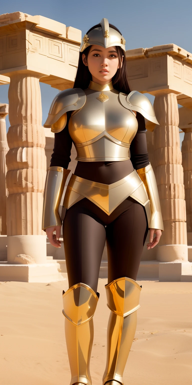 masterpiece,best quality,full body,1girl wearing Armor,(tongly),leoarmor,golden armor,helmet,looking at viewer,in a desert,black hair,hair hair pulled back,no bangs,forehead,serious,parted lips,greek temple ruins in the desert,(wide shot),upper upper teeth,