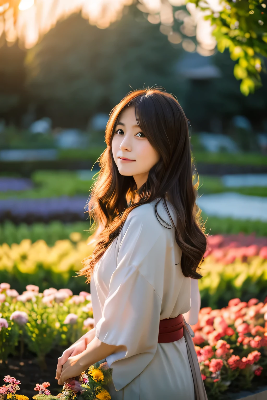 japanese woman,flower garden,Towards the sunset,long hair,4K,portrait,