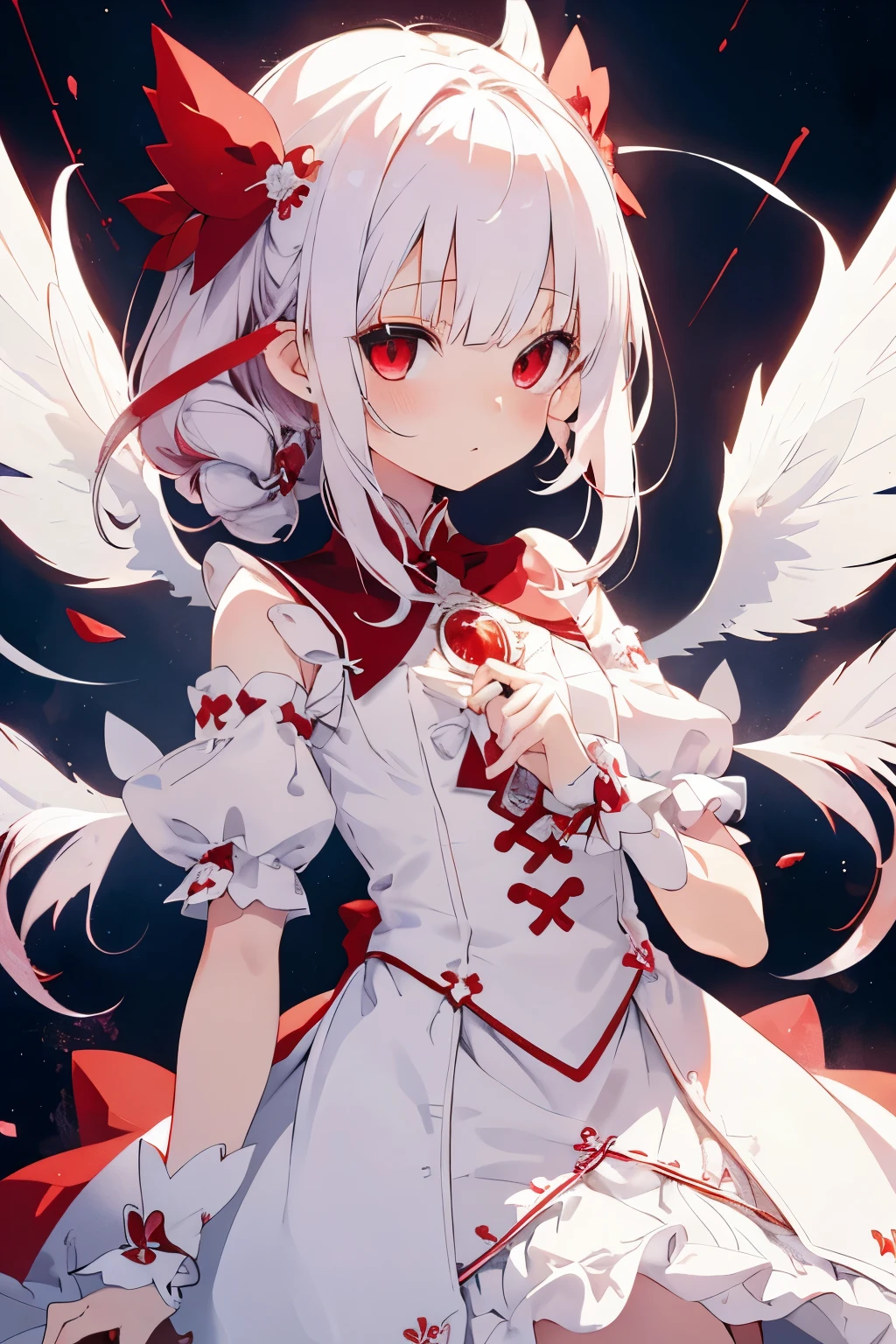 beautiful illustration, best quality, cute petit girl, (transform sequence), transform magical girl, chibi, white magical girl, fractal art, albino, babyface, long pure white and red mesh hair, beautiful detailed red eyes, cinematic lighting, cowboy shot, looking at viewer, from bottom, happy pussy