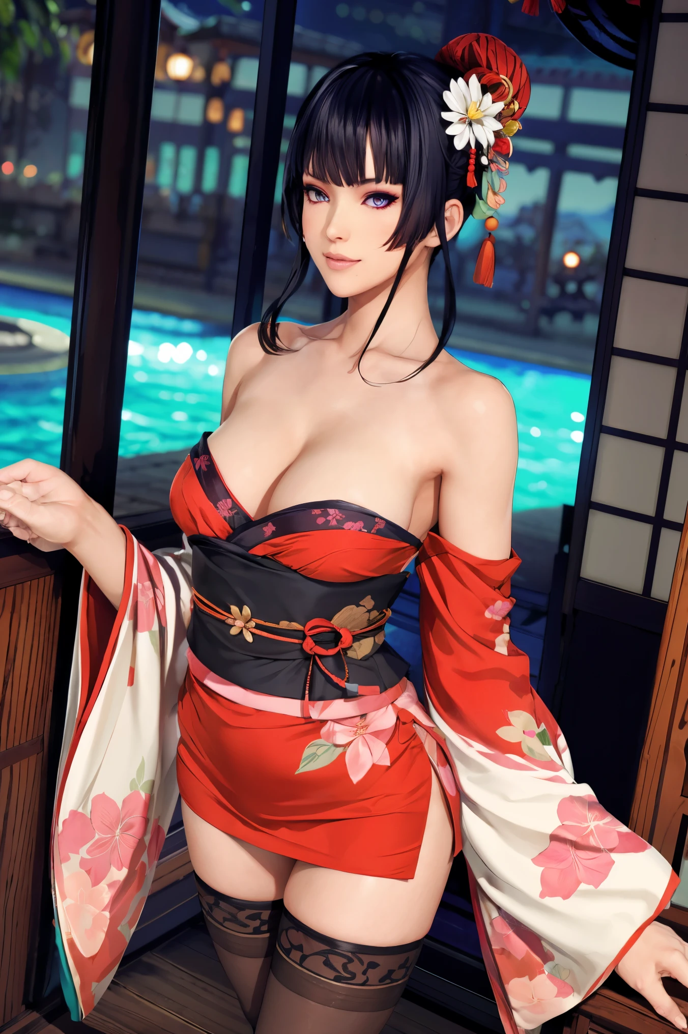 nyotengu, courtesan outfit, kimono, thighhighs, japanese hair ornaments, bare shoulders