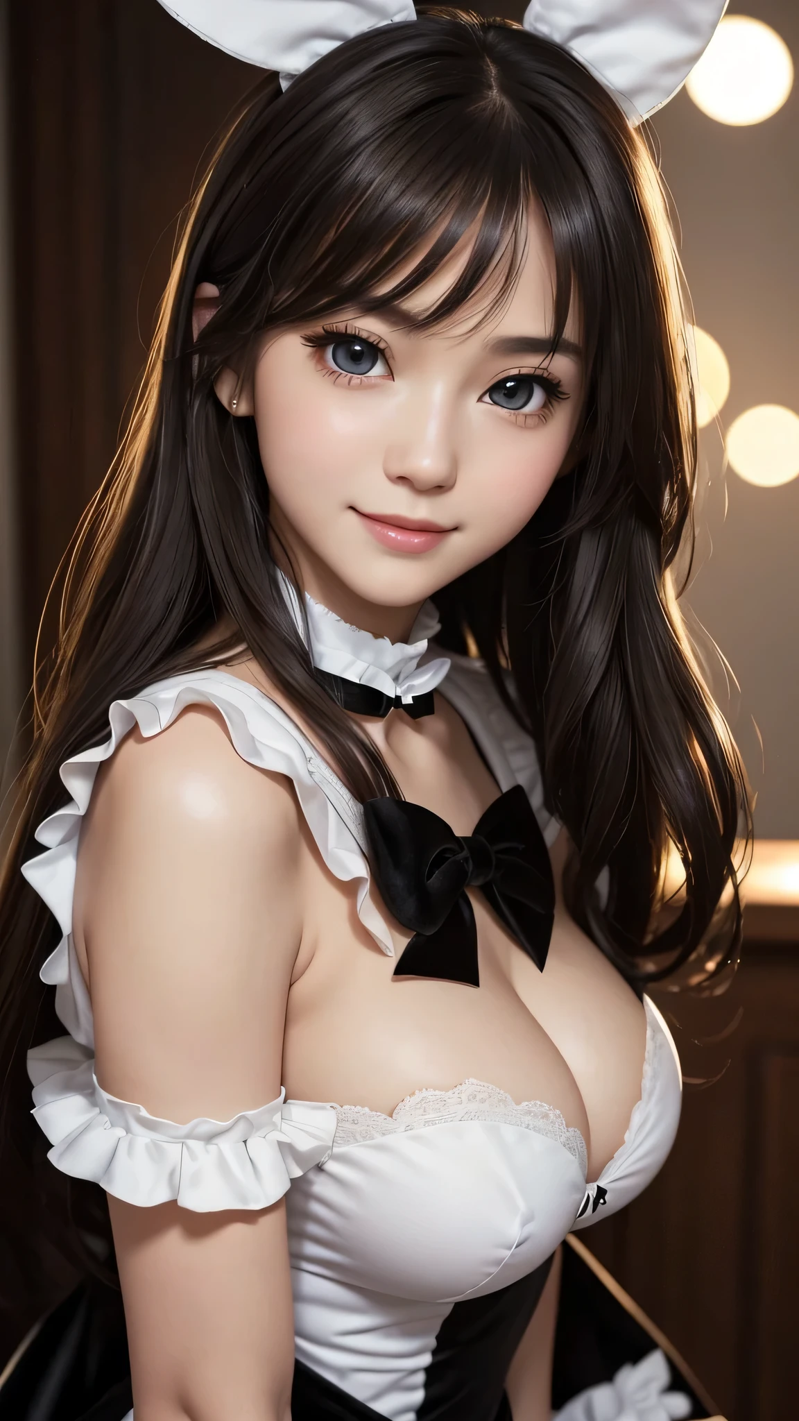 (Close-up:1.4)、(RAW shooting:1.2)、(photorealistic:1.4)、(masterpiece:1.3)、(highest quality:1.4)、solo、7 head and body、(slender and beautiful girl)、cute、(beautiful detailed eyes)、(charming big eyes)、(beautiful double eyelids)、8K、Velvet bunny costume、velvet、Bunny girl black costume、bunny girl figure、bokeh background、 Blurred feeling、 transparent material shoulder strap、 girl's room、smile、happy eyes、white skin、pretty girl、looking at the camera、High heel、big breasts、Cleavage breasts、white choker and black bow tie、White cuffs、brown hair、(small butt)、(beautiful hands)、(beautiful thighs)、cute系、(perfect anatomy:1.2)、
