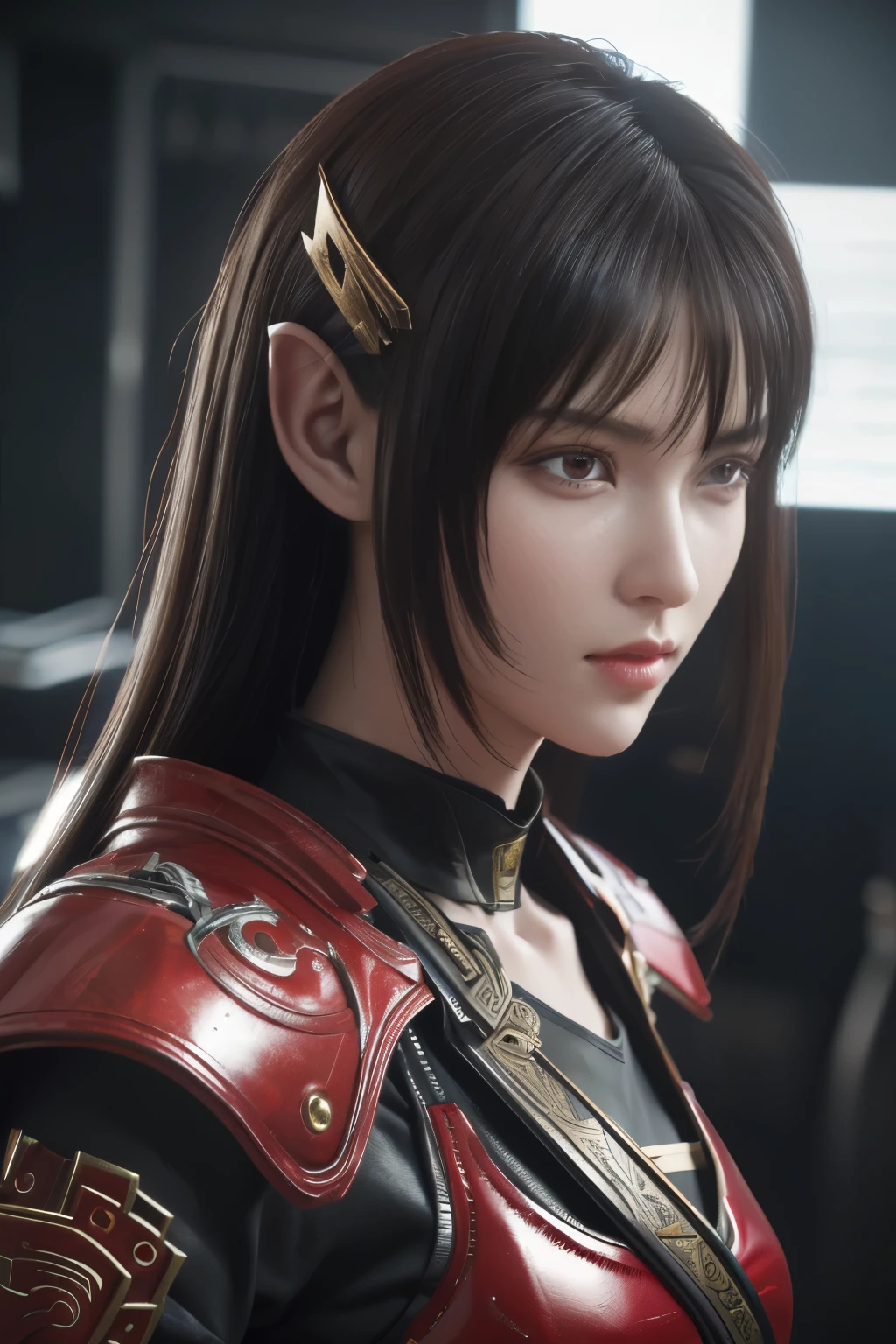 Game art，The best picture quality，Highest resolution，8K，(A bust photograph)，(Portrait)，(Head close-up:1.5)，(Rule of thirds)，Unreal Engine 5 rendering works， (The Girl of the Future)，(Female Warrior)， 22岁少女，((Pointy ears))，(Female hackers)，(White and red gradient，Ancient Oriental hairstyle)，((The pupils of the red eyes:1.3))，(A beautiful eye full of detail)，(Big breasts)，(Eye shadow)，优雅迷人，冷漠，((Anger))，(Cyberpunk jacket full of futuristic look，Joint Armor，There are exquisite Chinese patterns on the clothes，A flash of jewellery)，赛博朋克人物，未来风格， 拍照姿势，城市背景，Movie lights，Ray tracing，Game CG，((3D Unreal Engine))，oc渲染反射纹