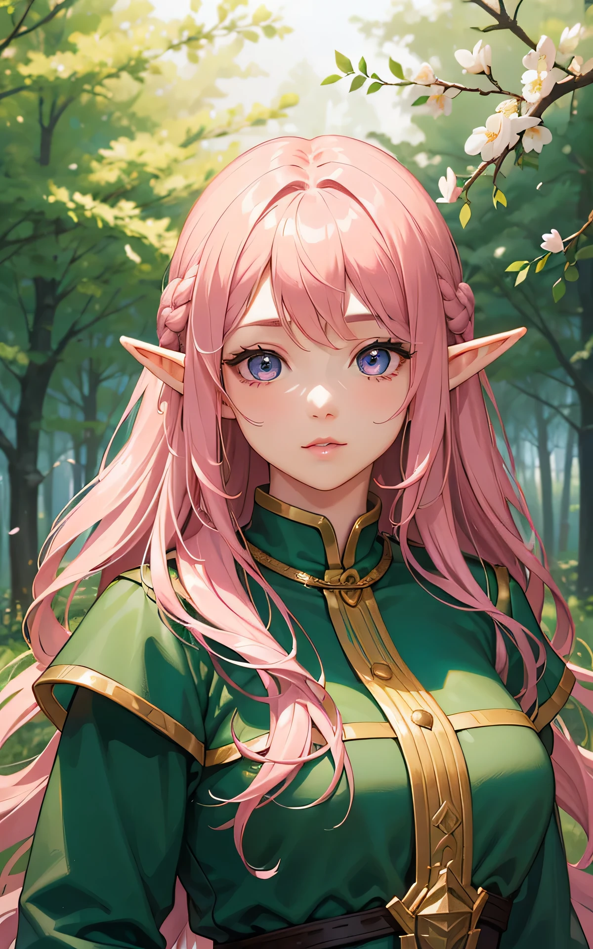((Spring Flowering Forest, realistic, detailed hair)), absurderes:2.0, Unity 8K Wallpaper, Masterpiece, Realistic face, high detailed eyes, Realistic skin feeling ,high detailed eyes, highly detailed, realistic glistening skin, detailed background, oily skin, (high-key lighting、Front Light:1.3、 dramatic angle), (solo, sexy ,25 year old elf、fantasy world、Fantasy clothing、wavy hair), glossy lips、darkpink hair、