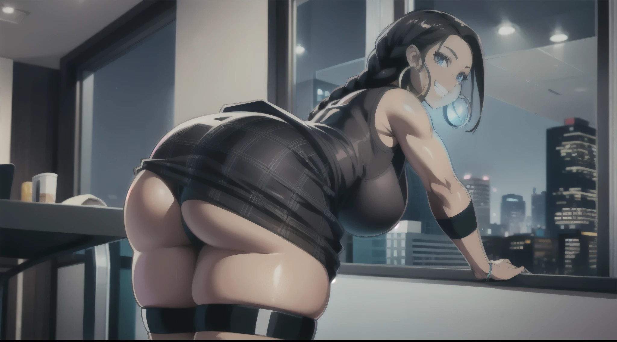 4K Quality, in the house, grabbing ass, showing ass, grinning, sexy pose, black plaid miniskirt, standing up, black african braids, dark skinned, thick thighs, big breasted, big ass, looking at viewer, braided hair, amber eyes, night time, bedroom eyes, full body, city background, perfect face, perfect body, perfect eyes, full lips, hoop earrings,
