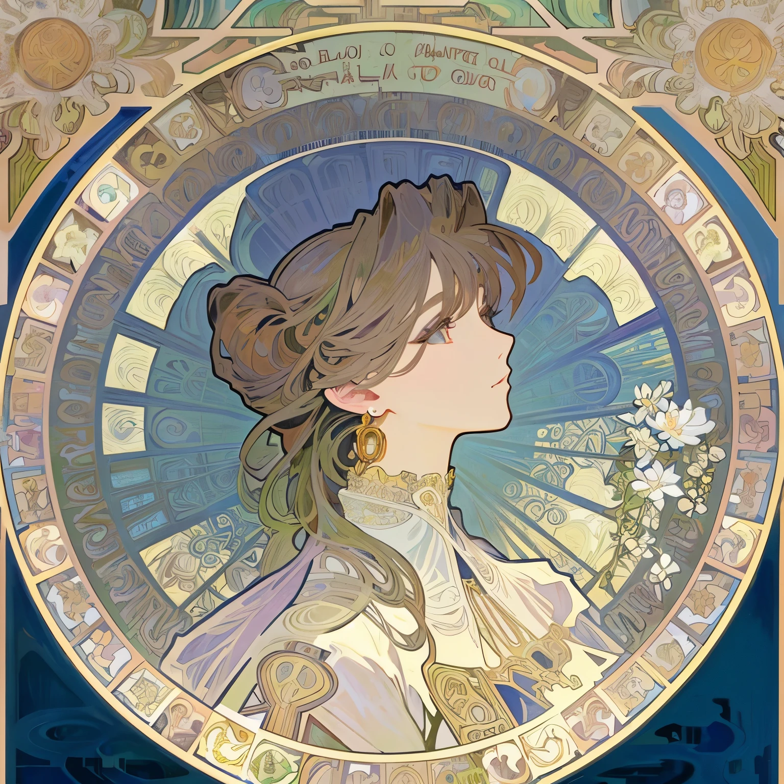 1 beautiful woman、(masterpiece、highest quality、highest quality、beautiful and aesthetic:1.2)、round picture frame、Delicate earrings、flowers in full bloom、dynamic、Based on the concept of an elegant woman、shining eyes、colorful hair、Fluttering petals、Gradation、hyperdetailed intricately detailed, unreal engine, wonderful, intricate details, complementary color, Realistic concept art, 8K resolution, 逸脱のmasterpiece、(((Alphonse Mucha style)))、bun hair、fluttering hair、many flowers in the frame、water lily