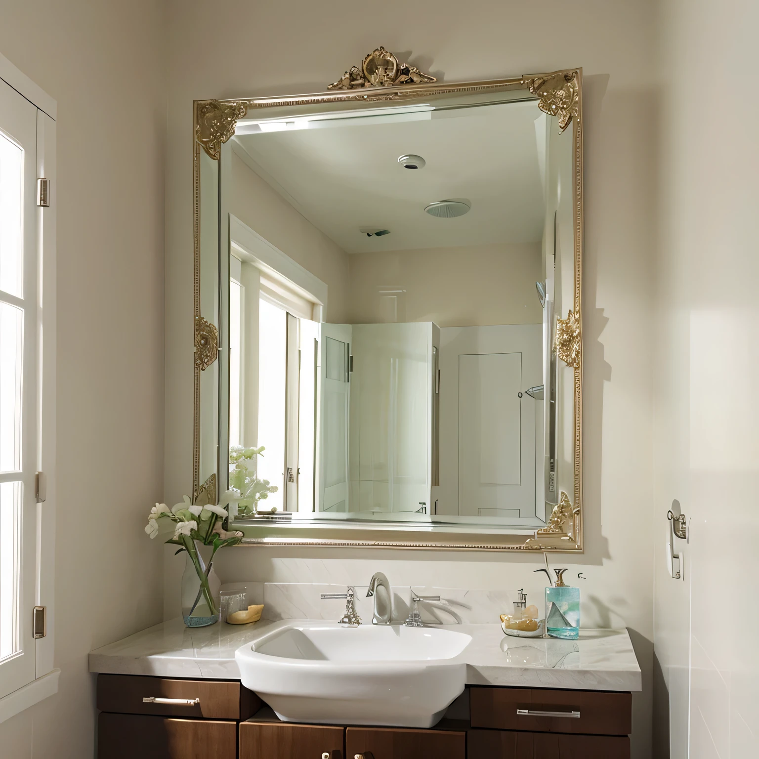 The fully decorated bathroom mirror, reflecting a beautifully designed space