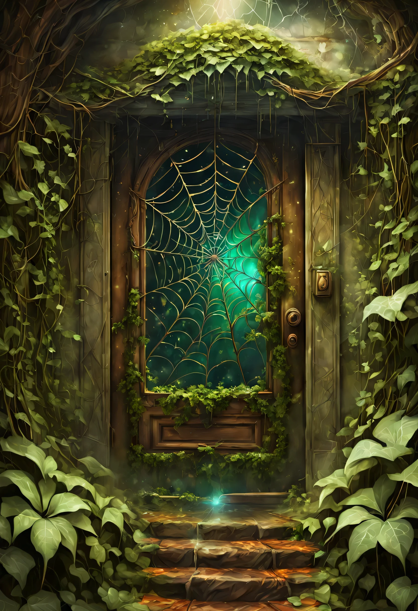 The forgotten gate of time and space, fantasy theme, concept art, The door at the deepest part of the underground labyrinth, door made of magic, entrance to time travel, (A door that won&#39;t open because it&#39;s entangled with ivy and spider webs:1.3, shining magical spider web), (old and rusty door, dirty), dark, (Magical aura leaking from the door:1.3),  (masterpiece), (highest quality), (Ultra high detail)