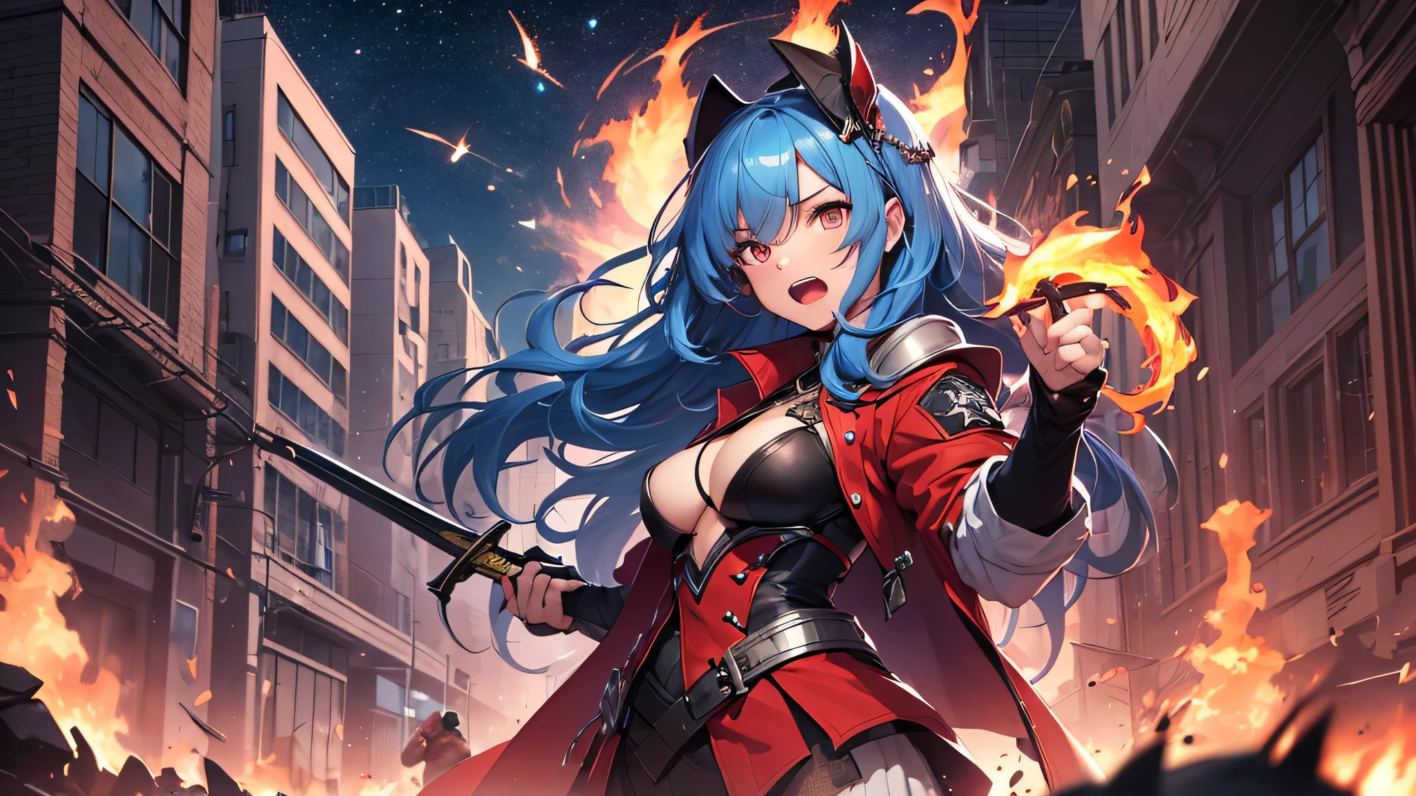 最high quality、best image quality、masterpiece、age girl((18-year-old、 By becoming、vest bust、medium bust,wide open breast tea、black eye, light blue hAria、Red mesh、long hAria、thin,highest valley、Red and blue dress、holding a red sword in his right hand、Glowing red wings,Aria、splatters、slash pose、scream、He holds a red sword in his left hand.、angry face、leaning forward)),high quality、beautiful art、background((outer space、battlefield、Burning Town、fire、inflammation))瓦礫がsplatters、Depth of written boundary、movie、visual art、perfect art、8K,genuine