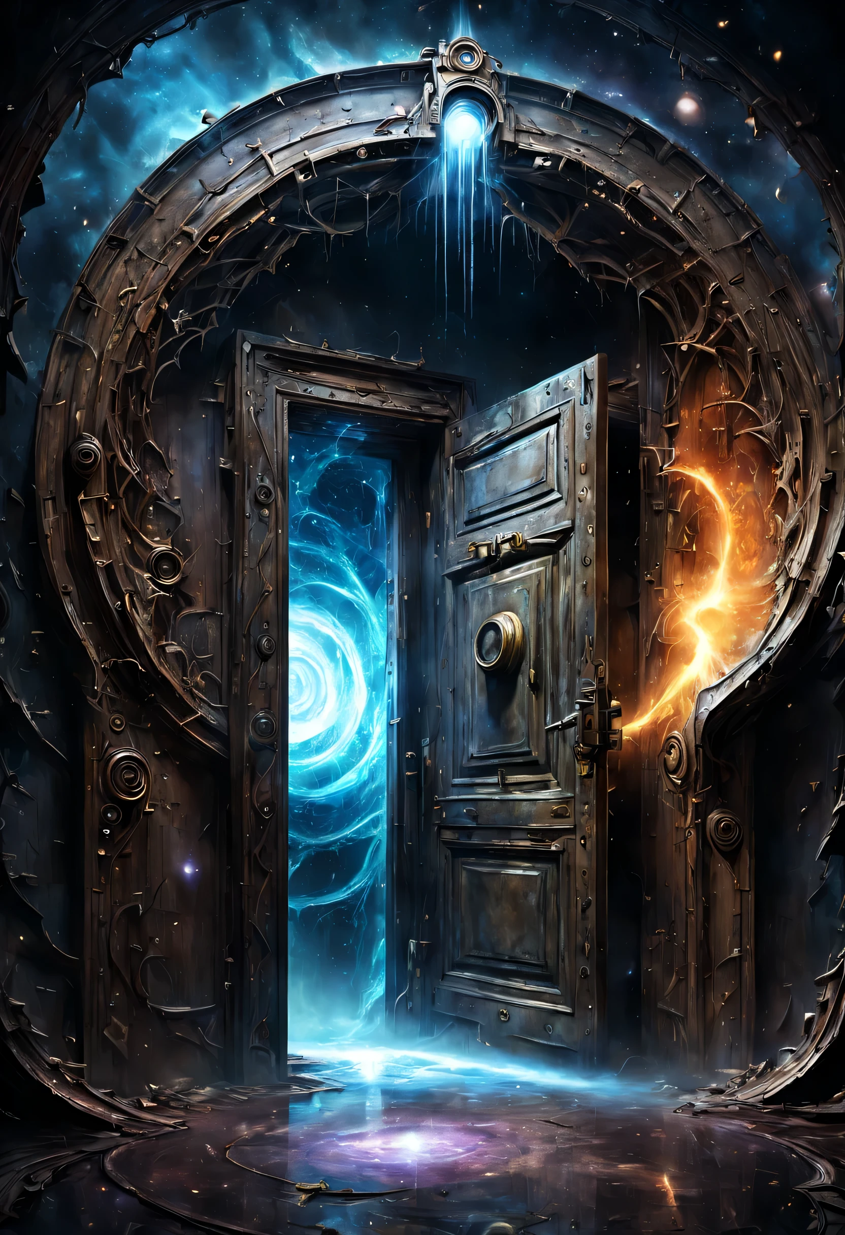 The forgotten gate of time and space, fantasy theme, concept art, The door at the deepest part of the underground labyrinth, door made of magic, entrance to time travel, (Space-time distortions and vortices), (old and rusty door, dirty), dark, (Magical aura leaking from the door:1.3),  (masterpiece), (highest quality), (Ultra high detail)