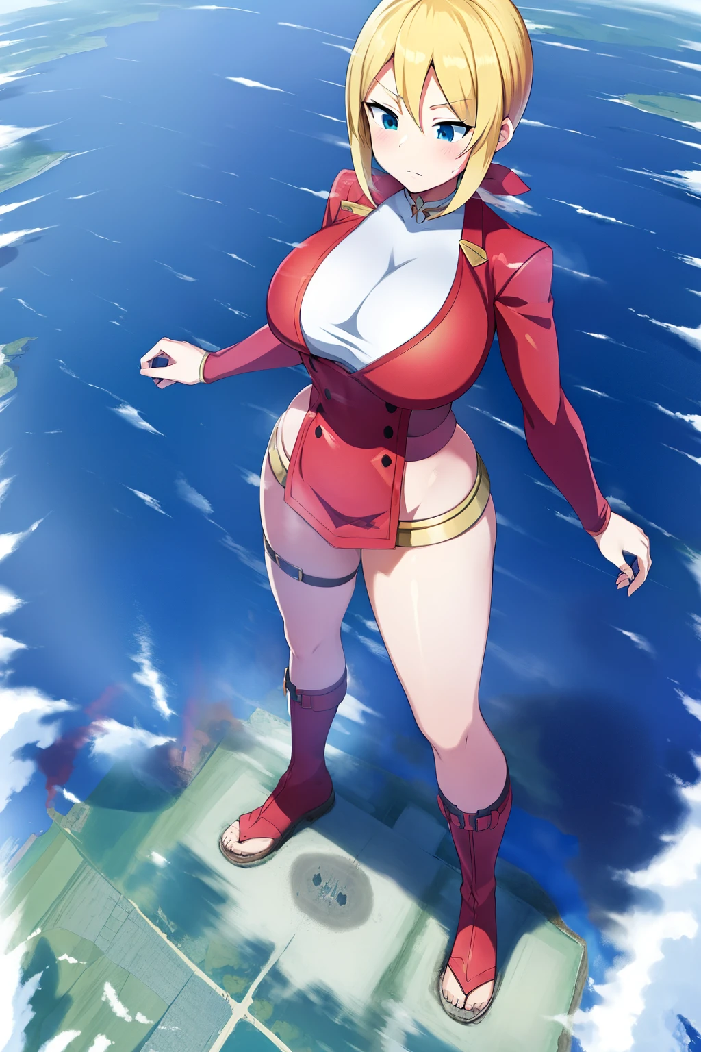 an anime female character standing on a mountain top next to a city, 1girl, solo, giantess, sky, giant, cloud, day, full body, blue sky, city, breasts