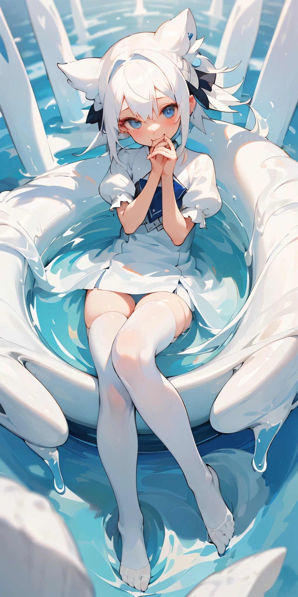 (masterpiece, best quality),1 girl with white hair,white stockings,Cute little feet playing,White viscous liquid,