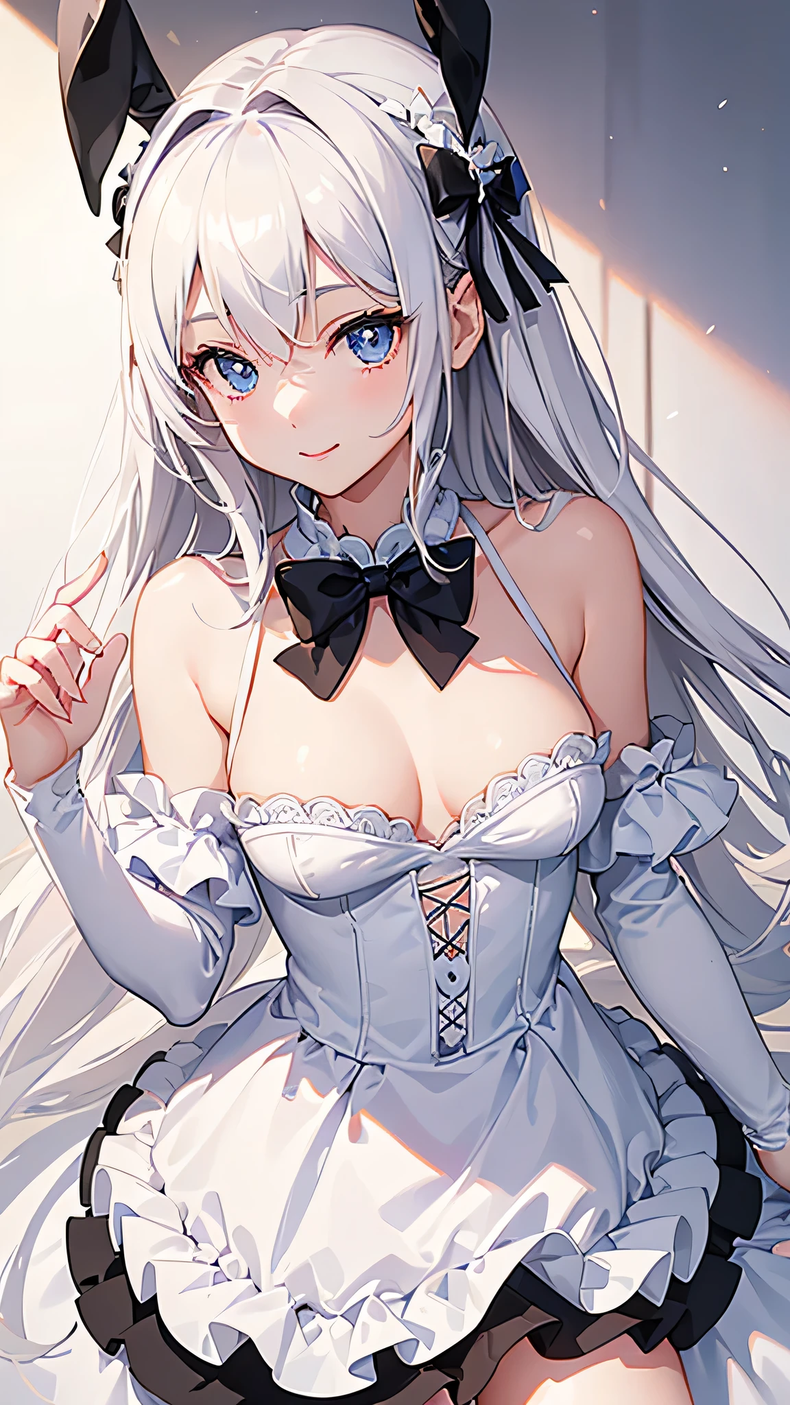 (Close-up:1.4)、(RAW shooting:1.2)、(photorealistic:1.4)、(masterpiece:1.3)、(highest quality:1.4)、solo、7 head and body、(slender and beautiful girl)、cute、(beautiful detailed eyes)、(charming big eyes)、(beautiful double eyelids)、8K、Velvet bunny costume、velvet、Bunny girl black costume、bunny girl figure、bokeh background、 Blurred feeling、 transparent material shoulder strap、 girl's room、smile、happy eyes、white skin、pretty girl、looking at the camera、High heel(Medium chest:1.2)、(cleavage)、(full body shot)、white choker and black bow tie、White cuffs、brown hair、(small butt)、(beautiful hands)、(beautiful thighs)、cute系、(perfect anatomy:1.2)、
