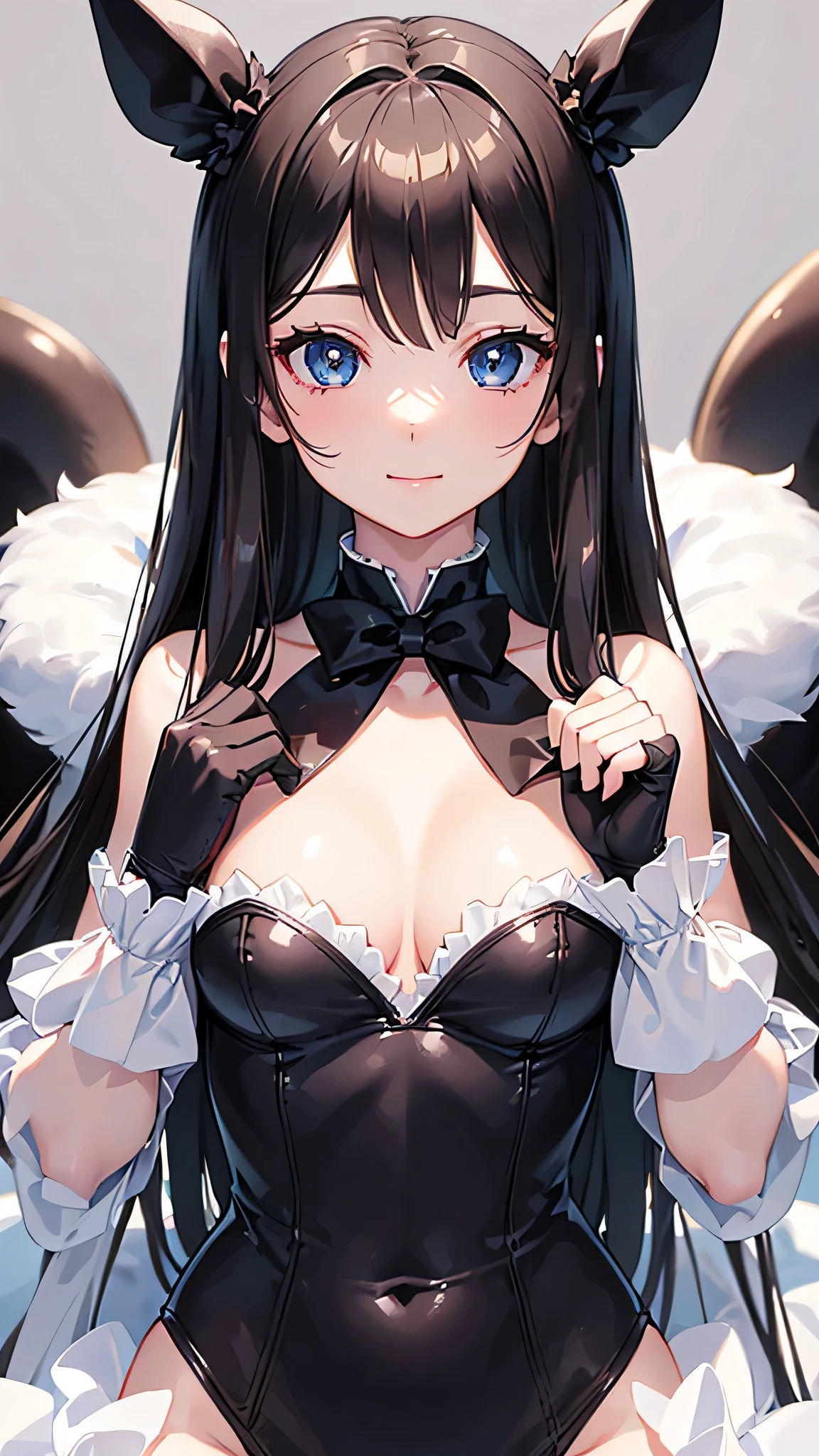 (Close-up:1.4)、(RAW shooting:1.2)、(photorealistic:1.4)、(masterpiece:1.3)、(highest quality:1.4)、solo、7 head and body、(slender and beautiful girl)、cute、(beautiful detailed eyes)、(charming big eyes)、(beautiful double eyelids)、8K、Velvet bunny costume、velvet、Bunny girl black costume、bunny girl figure、bokeh background、 Blurred feeling、 transparent material shoulder strap、 girl's room、smile、happy eyes、white skin、pretty girl、looking at the camera、High heel(Medium chest:1.2)、(cleavage)、(full body shot)、white choker and black bow tie、White cuffs、brown hair、(small butt)、(beautiful hands)、(beautiful thighs)、cute系、(perfect anatomy:1.2)、
