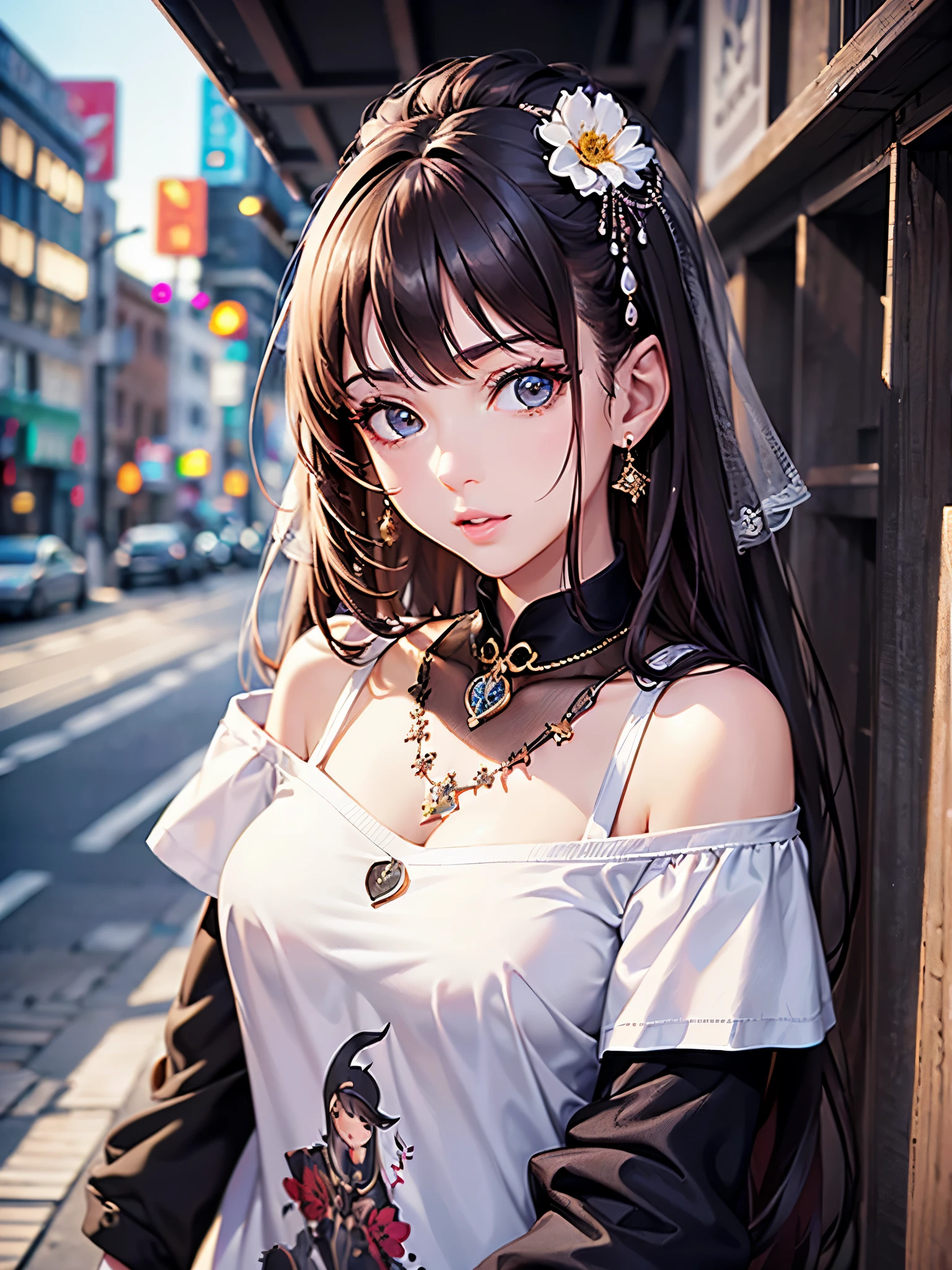 ((highest quality)),(ultra high resolution),(Super detailed),(detailed description),((best CG)),(best work of art),super precision art,great drawing art,(Fashion art with precise details:1.5), (1 female model:1.7),(beautiful and well-shaped face:1.5),(off shoulder t-shirt:1.5),cleavage:1.5,(look up:1.6), street:1.5