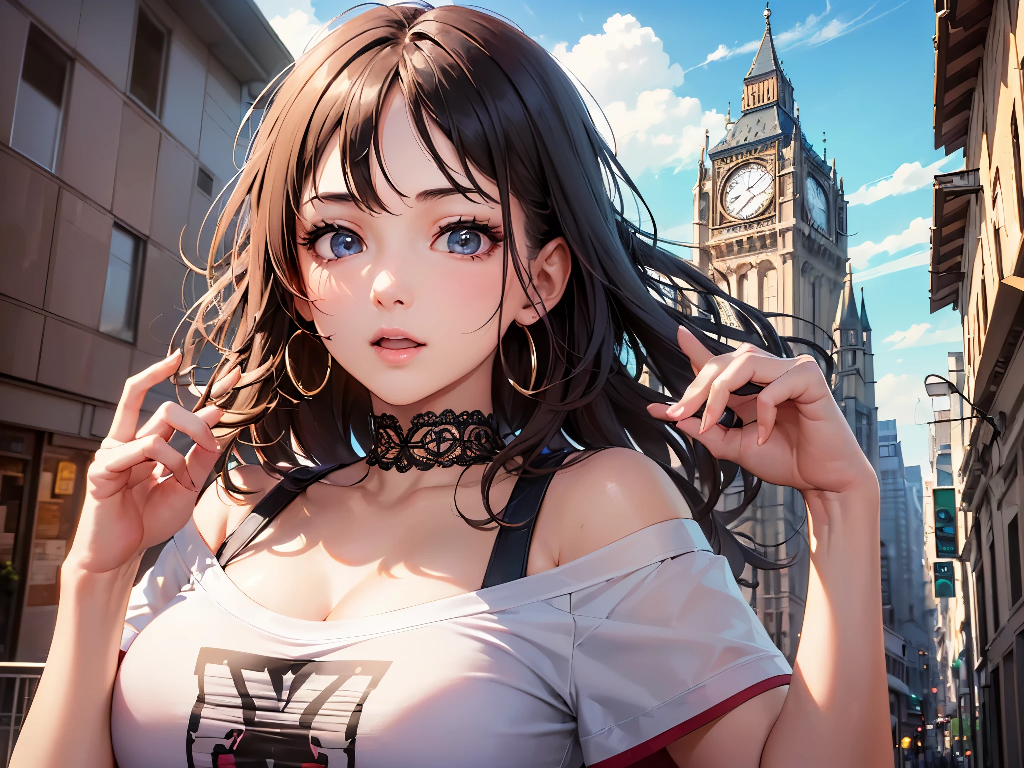 ((highest quality)),(ultra high resolution),(Super detailed),(detailed description),((best CG)),(best work of art),super precision art,great drawing art,(Fashion art with precise details:1.5), (1 female model:1.7),(beautiful and well-shaped face:1.5),(off shoulder t-shirt:1.5),cleavage:1.5,(look up:1.6), street:1.5,open terrace:1.3