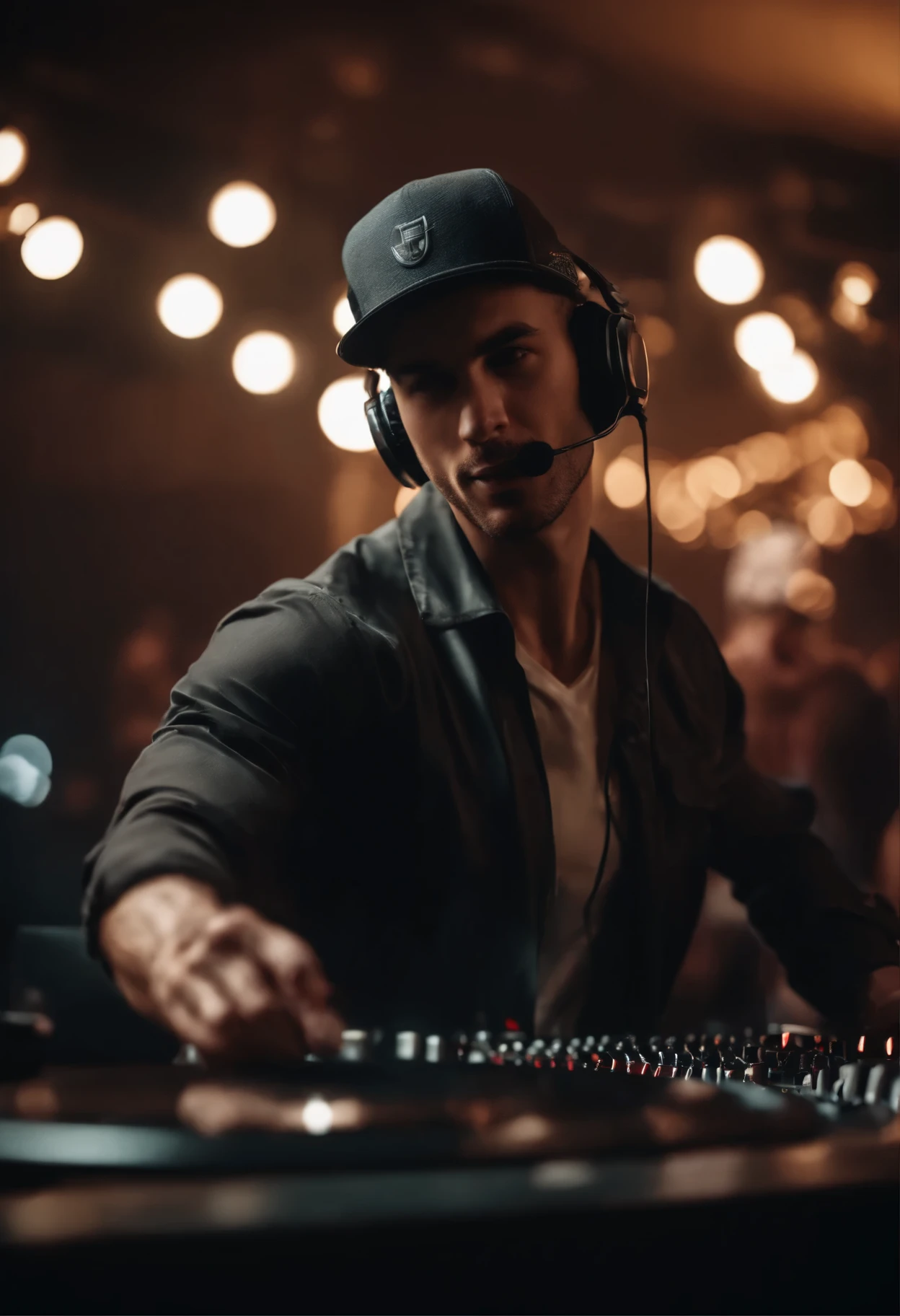 (best quality,ultra-detailed,picture-perfect,professional:1.2),man with headphones and cap,nightclub background, people dancing, cool,dark,stylish,contrast,lit from the side