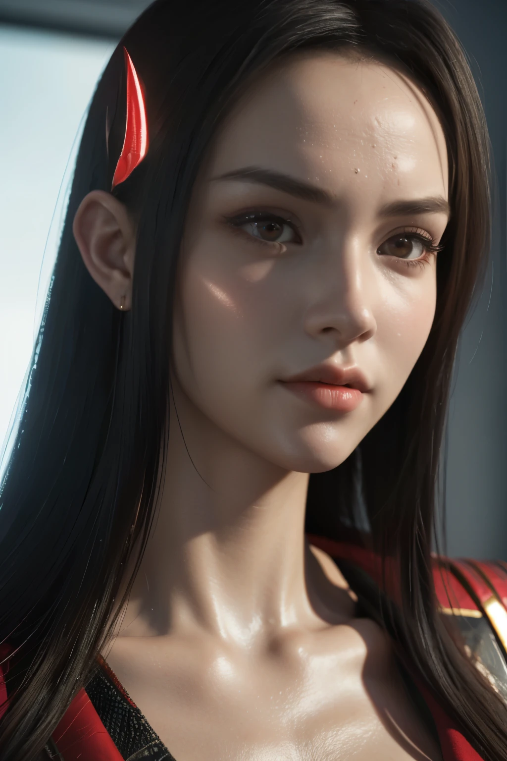 Game art,The best picture quality,Highest resolution,8K,(A bust photograph),(Portrait),(Head close-up:1.5),(Rule of thirds),Unreal Engine 5 rendering works, (The Girl of the Future),(Female Warrior), 22岁少女,((Pointy ears)),(Female hackers),(White and red gradient,Ancient Oriental hairstyle),((The pupils of the red eyes:1.3)),(A beautiful eye full of detail),(Big breasts),(Eye shadow),优雅迷人,冷漠,((Anger)),(Cyberpunk jacket full of futuristic look,Joint Armor,There are exquisite Chinese patterns on the clothes,A flash of jewellery),赛博朋克人物,未来风格, 拍照姿势,城市背景,Movie lights,Ray tracing,Game CG,((3D Unreal Engine)),oc渲染反射纹