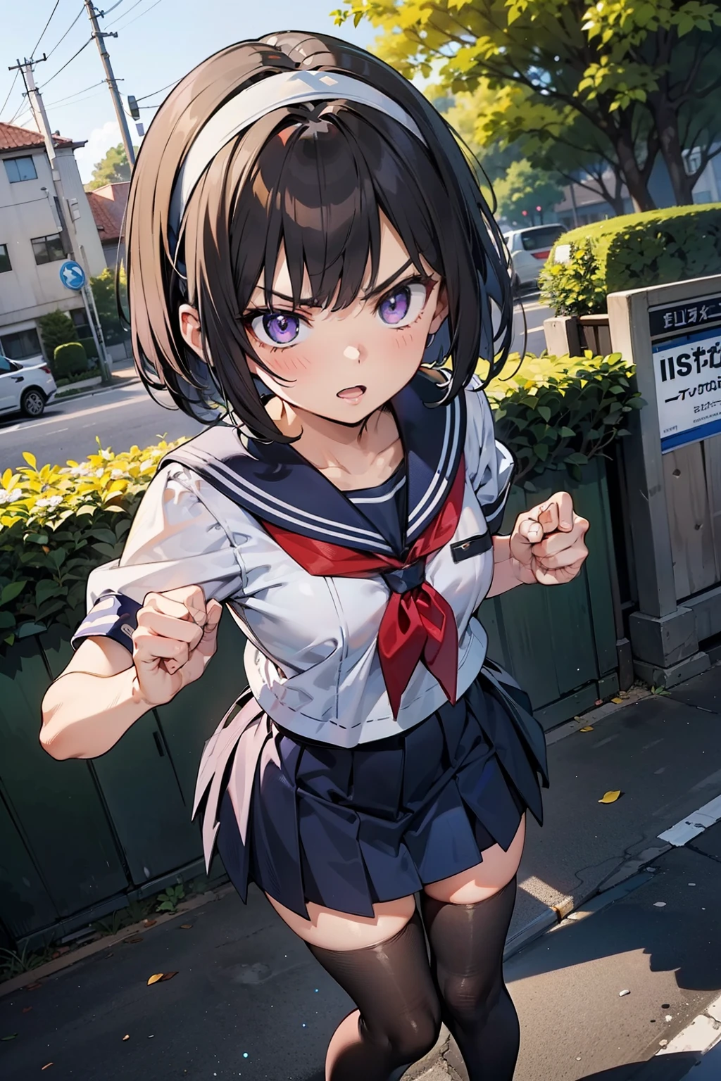 body 8 times longer than head, (Highly detailed CG unity 8k), (highest quality)，(very detailed)，(ultra high resolution), black hair, High school girl wearing a navy sailor suit, Anime 2D rendering, realistic young anime high school girl, ((White headband)), purple eyes, small breasts, tall, slanted eyes, (school scenery), black stockings, open your mouth a little, Dark blue skirt, bob cut, position looking down from above, angry face, fist, hit your opponent&#39;s chest with your fist, 