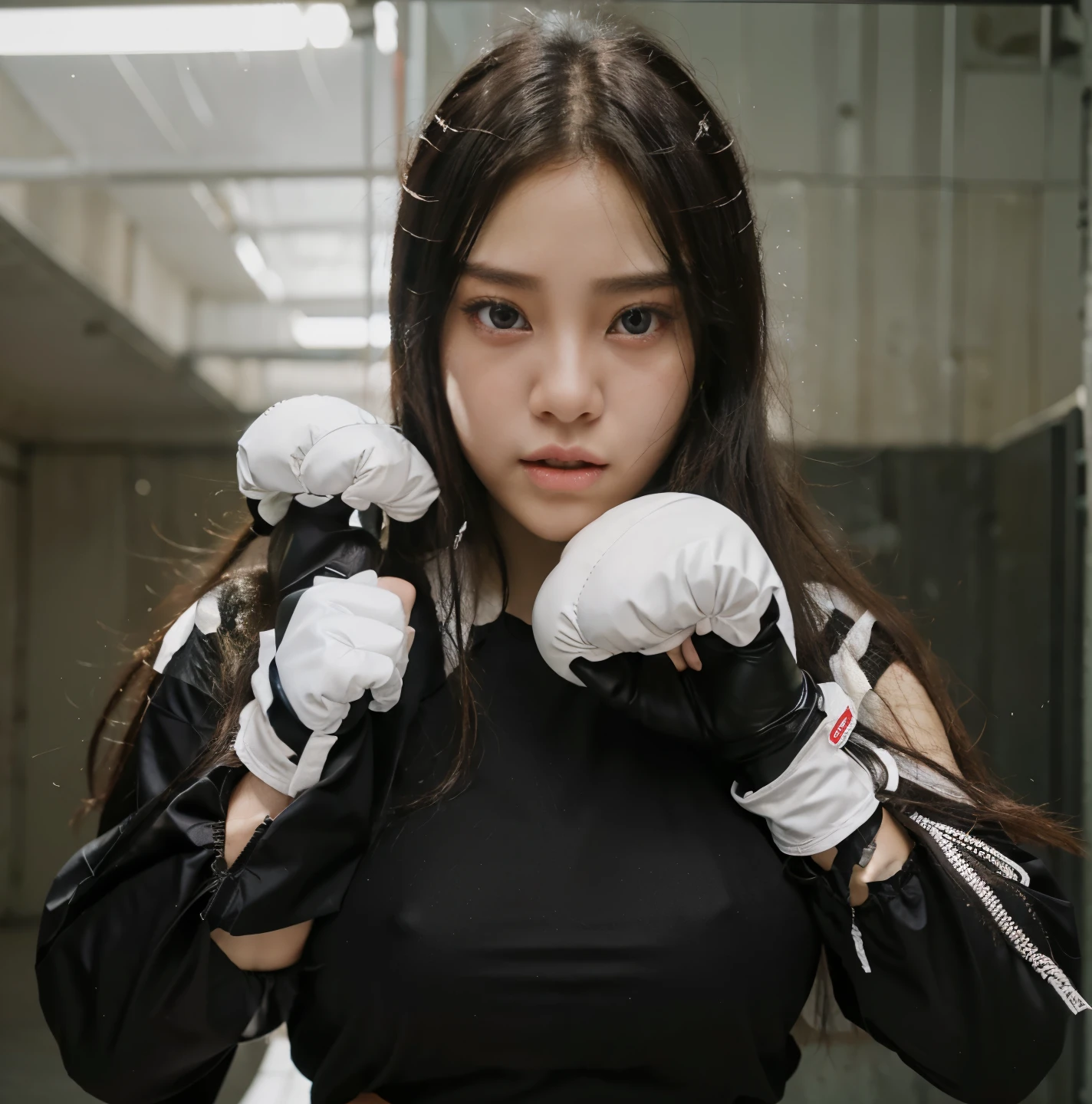 Female gender, standing in a fighting position, fighting with white boxing gloves. She has beautiful features with flowing hair. She is pale white and has black hair. She has big eyes. Anime style. High quality. High resolution. She has the face of Jennie from the famous Korean band Blackpink. She has prominent breasts with flowing and attractive silky hair with gloves. Great boxing