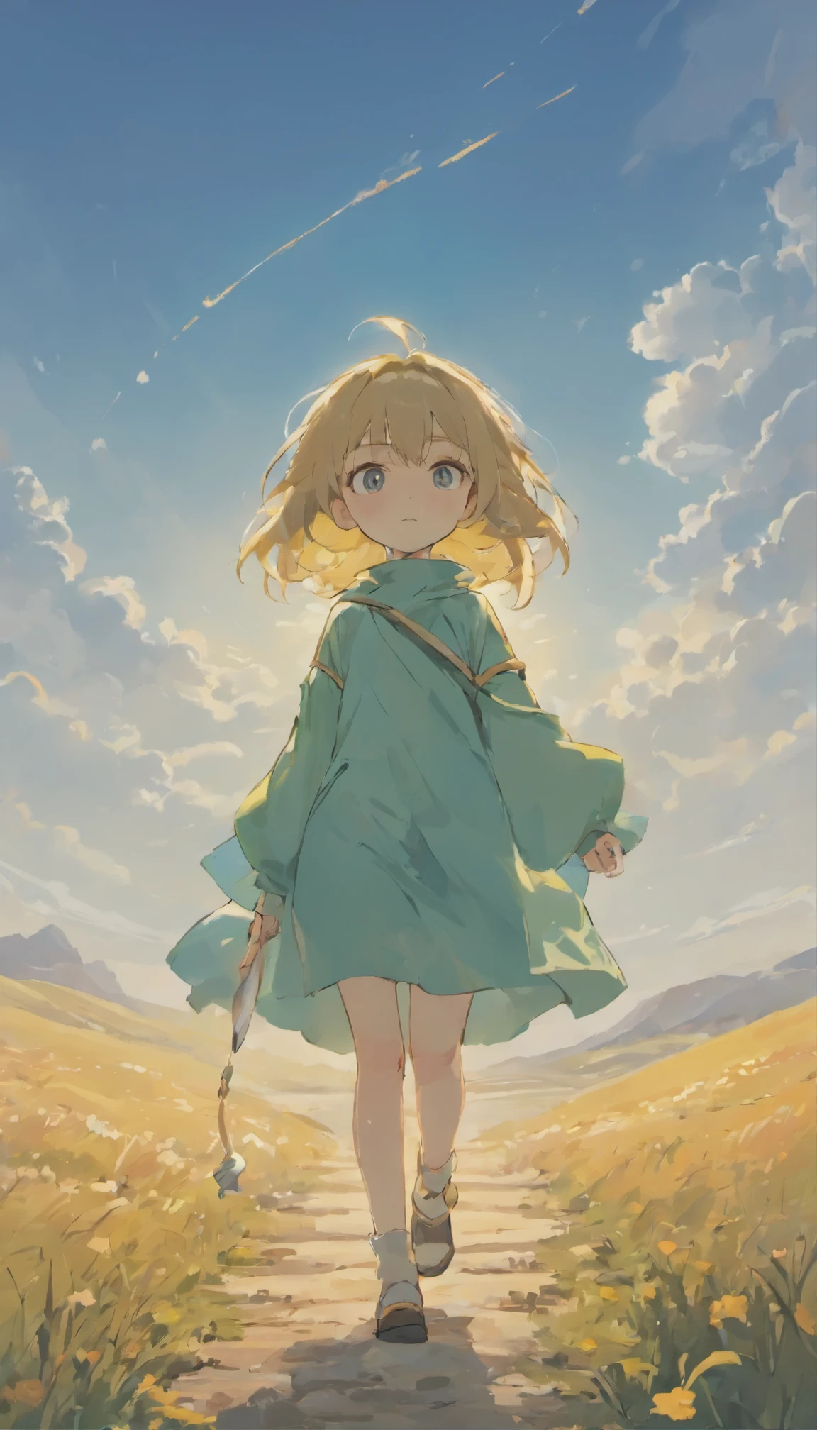 ((highest quality)), ((masterpiece)), (become familiar with), detailed、girl、cute、child、Age is 10 years old、Tattered work clothes、Wearing coveralls、Traveling、、fantasy、beautiful((highest quality)), ((masterpiece)), (become familiar with), detailed、girl、cute、child、Age is 10 years old、Tattered work clothes、dirty clothes、Walking in the steppe、the body is turned to the side、I can see the profile。facing forward、Landscape、walking from right to left、I can see the whole body、I can see the blue sky、Traveling、fantasy、beautifullandscape、The wind is blowing。landscape、The wind is blowing。