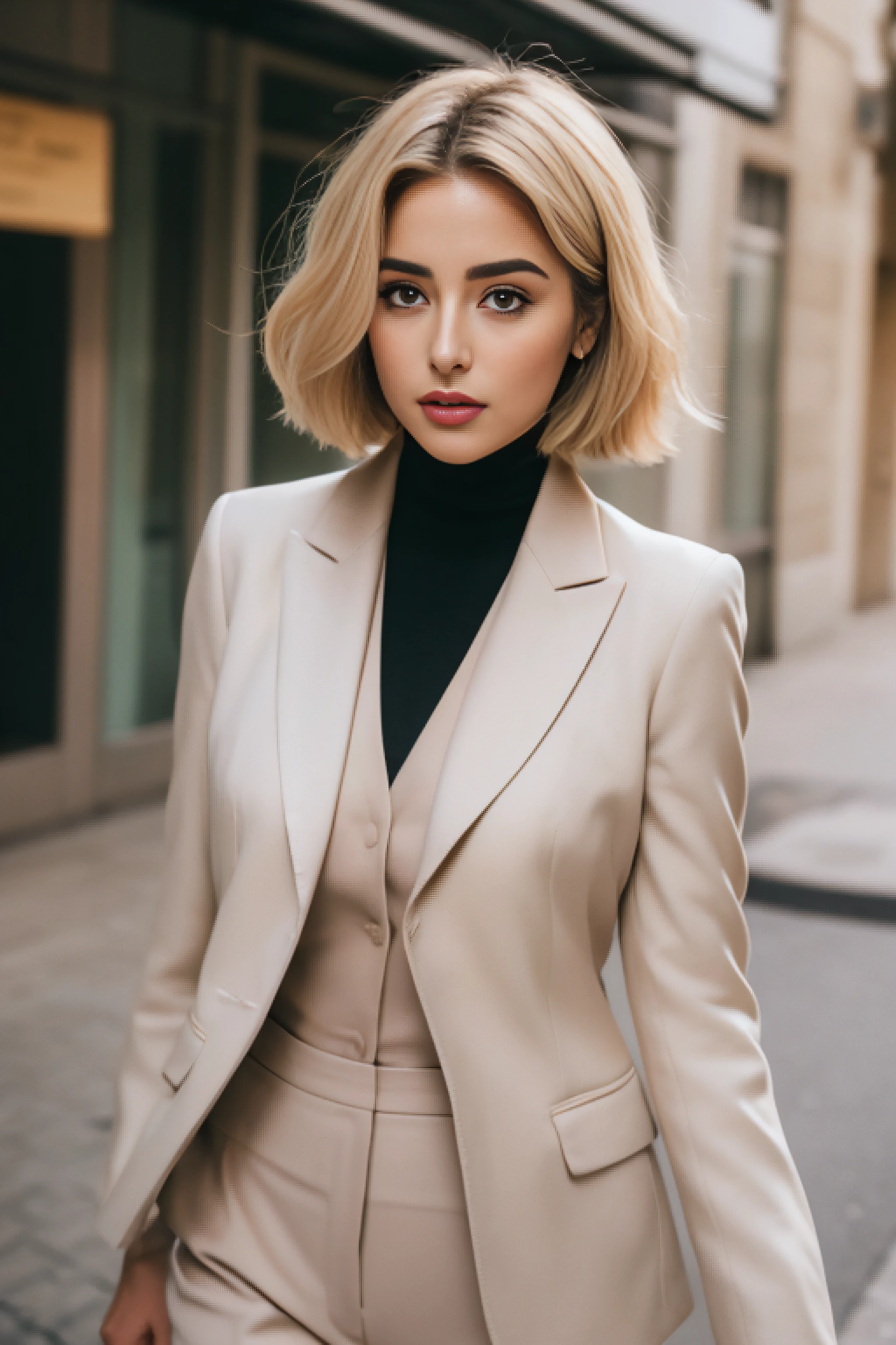 ((Realistic lighting, melhor qualidade, 8k, obra de arte: 1.3)), foco claro: 1.2, 2 garota, figura perfeita: 1.4, Abdominais magros: 1.1, ((Cabelo curto loiro Bob)), (Chique, tailored trousers and turtle neck: 1.4), rosto super fino, belos olhos, Palpebras duplas, woman is posing on a street, inspired by Gina Pellón, Instagram, taquisma, Violeta Myers, lorena avarez, Olivia's fault, Alanis Guillen, parece a Laura Barriales, Sophie Mudd, ameera al taweel bronzeada, linda mulher iraniana, retrato de corpo inteiro