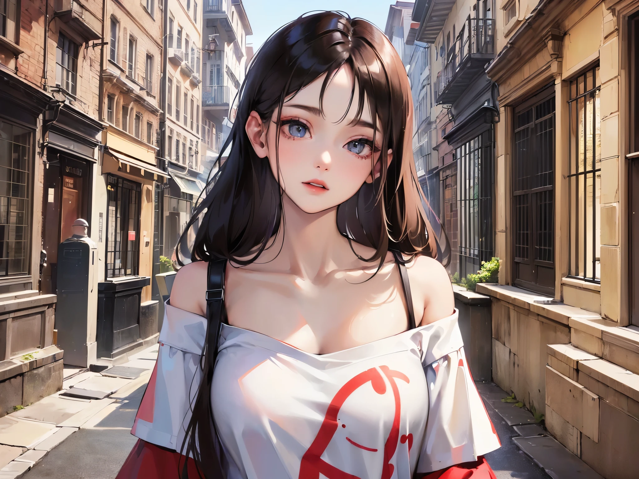 ((highest quality)),(ultra high resolution),(Super detailed),(detailed description),((best CG)),(best work of art),super precision art,great drawing art,(Fashion art with precise details:1.5), (1 female model:1.7),(beautiful and well-shaped face:1.5),(off shoulder t-shirt:1.5),cleavage:1.5,(look up:1.6), street:1.5,open terrace:1.3