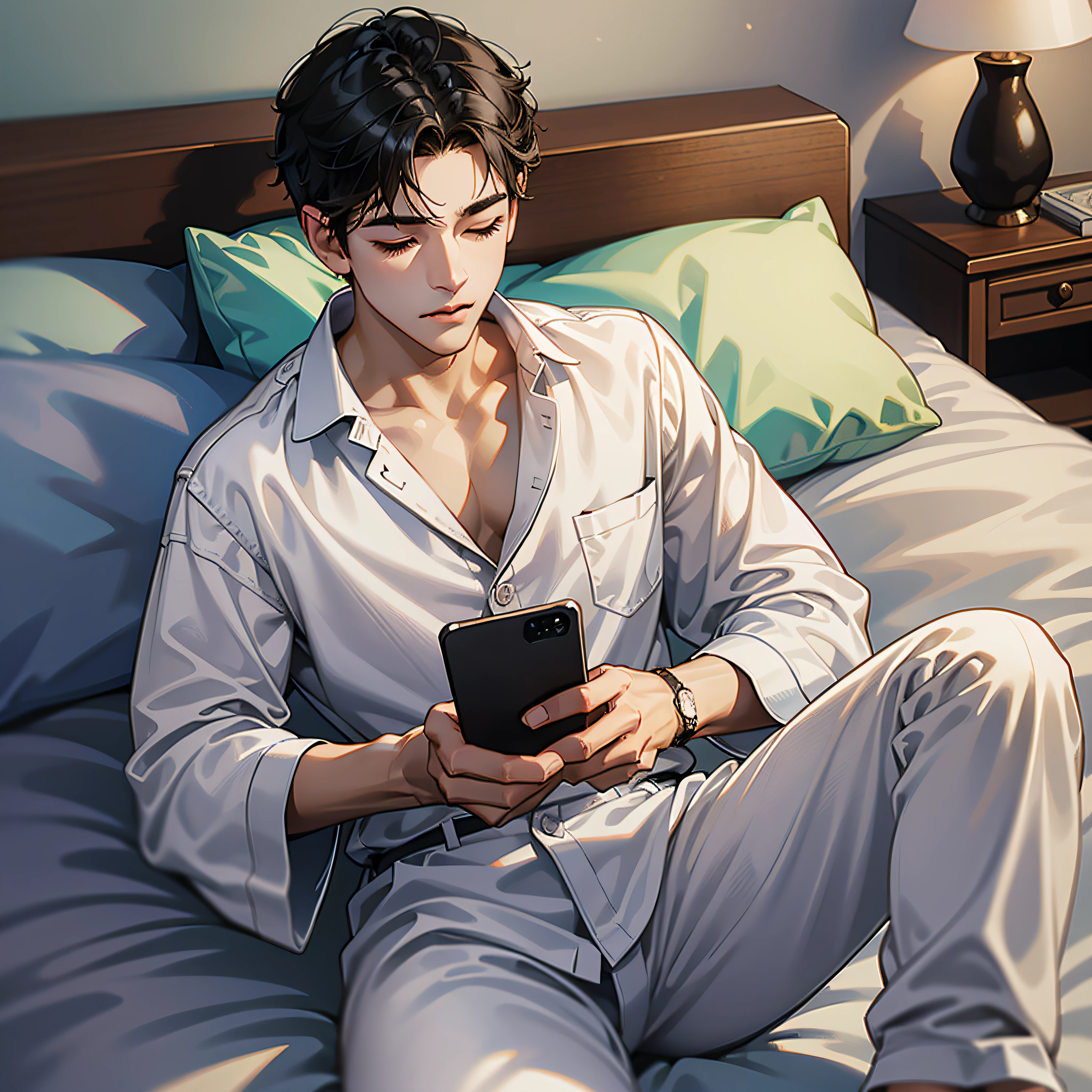 macho, cabelo preto curto, olhos fechados, vestindo pijamas brancos abotoados, sentado na cama, olhando para o telefone dele