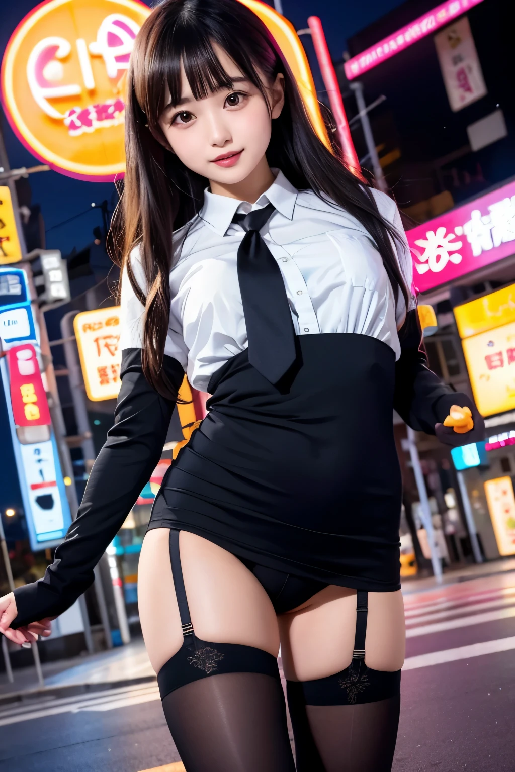 high angle shot、center view、A woman standing on a neon street at midnight、Phenomenally cute 、japanese girl uniform、summer clothes、Microminiskirt、urreal 、loafers、She wears black tights that show a little bit of skin.、black tights、Japanese high school 、Nogizaka Idol、Plump thighs、Full body Esbian、garter belt、garter ring、leg garter
