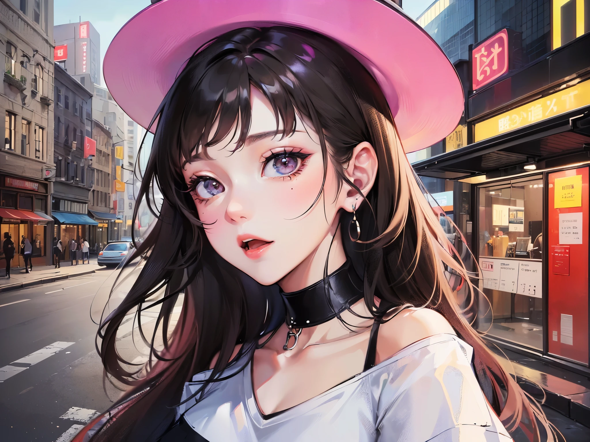 ((highest quality)),(ultra high resolution),(Super detailed),(detailed description),((best CG)),(best work of art),super precision art,great drawing art,(Fashion art with precise details:1.5), (1 female model:1.7),(beautiful and well-shaped face:1.5),(off shoulder t-shirt:1.5),cleavage:1.5,(look up:1.6), street:1.5,open terrace:1.3