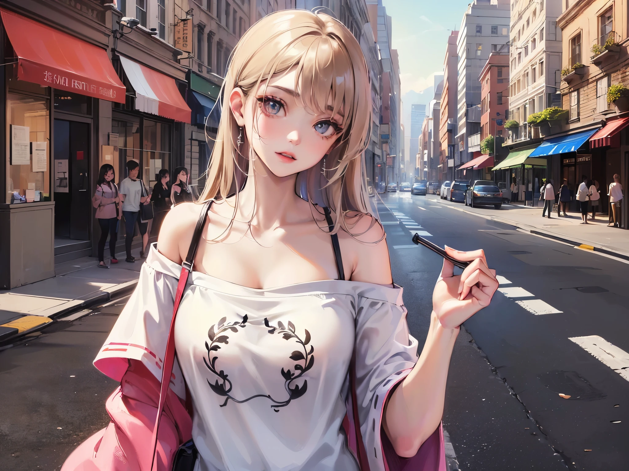 ((highest quality)),(ultra high resolution),(Super detailed),(detailed description),((best CG)),(best work of art),super precision art,great drawing art,(Fashion art with precise details:1.5), (1 female model:1.7),(beautiful and well-shaped face:1.5),(off shoulder t-shirt:1.5),cleavage:1.5,(look up:1.6), street:1.5,open terrace:1.3