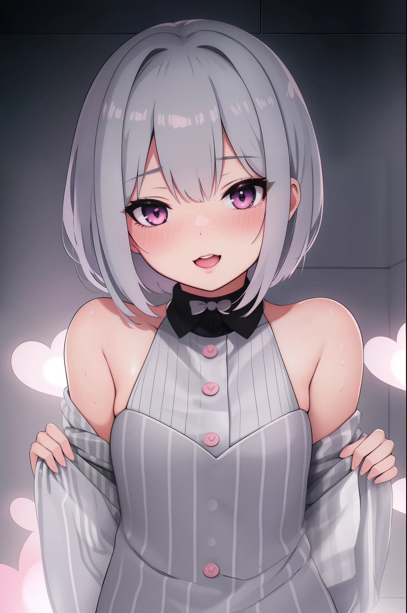 hentai,detailed gray hair,short gray bob cut,pink eyes with small hearts,beautiful detailed blush,open mouth with detailed lips,small heart-shaped blush on the cheeks,sweet and cute smile,cute small nose with blush,mediumbreasts,slender fingers with detailed nails,hearts floating around her,highres,anime-style,soft pastel color palette,ethereal lighting