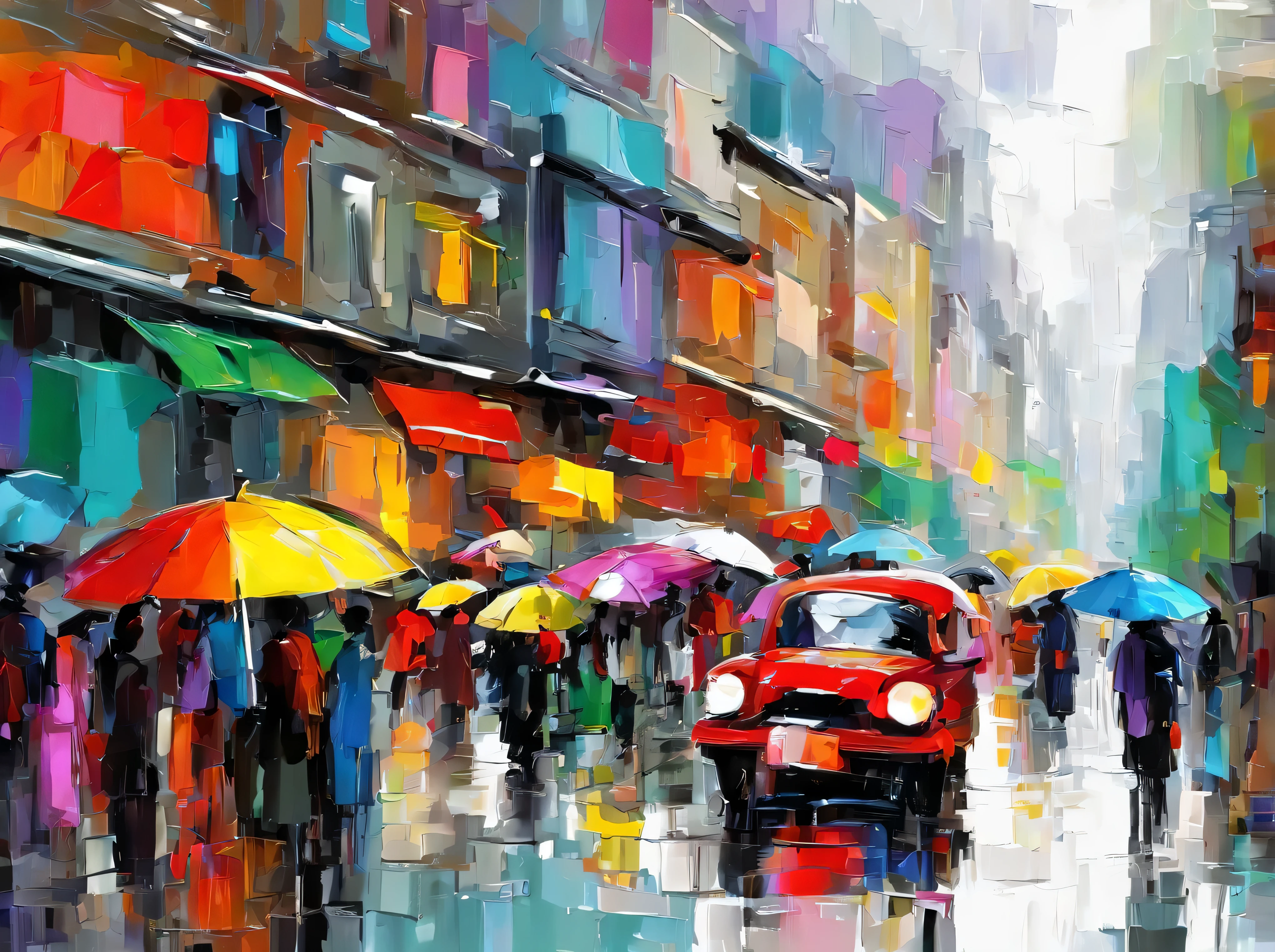 Daytime from Beijing Guomao, Rainy season,You can see the skyline of city buildings in the distance.,There is a flowing river, big colored umbrella, people々々buying and selling, masterpiece oil painting, Illustration by Marc Ragout.