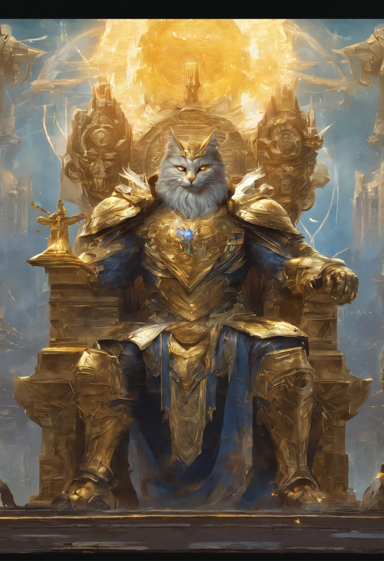 The Cat Emperor's moment of triumph as supreme ruler of the Warhammer universe, surrounded by his loyal subjects and. (best quality,4K,8k,high resolution,masterpiece:1.2),Super detailed,(actual,photoactual,photo-actual:1.37), Magnificent golden armor, majestic posture, Extraordinary energy emanates from his body, Intricate facial and beard details, punching, Wisdom eyes exude power, The intricate and ornate crown symbolizes his authority and wisdom, An angelic hake halo surrounds his head, Surrounded by battleships and spaceships,Demonstrate his domination of space, Glowing power armor radiates a divine light, He sits on a huge golden throne, With intricate carvings and symbols representing his achievements, Broad, futuristic cityscape in background, Demonstrate the technological prowess of his empire, Burning flag depicting his coat of arms and coat of arms fluttering in the wind, The golden sun shines, casting a karom light on the scene, Demonstrate the majesty and majesty of the emperor. (landscape,science fiction,concept art,karo)