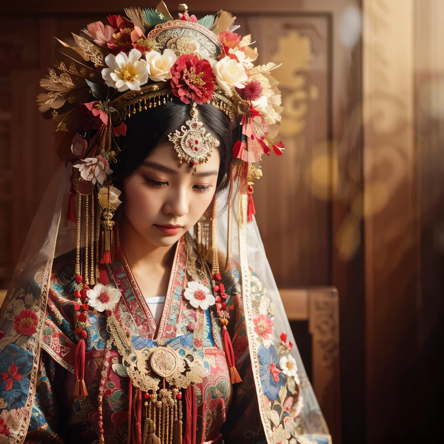 araffe woman in a traditional chinese dress with a flower crown, traditional chinese, hanfu, traditional chinese clothing, wearing ancient chinese clothes, palace , a girl in hanfu, traditional beauty, chinese princess, ancient chinese princess, chinese costume, chinese style, chinese empress, chinese dress, chinese woman, wearing ornate clothing, traditional dress, ancient china art style
