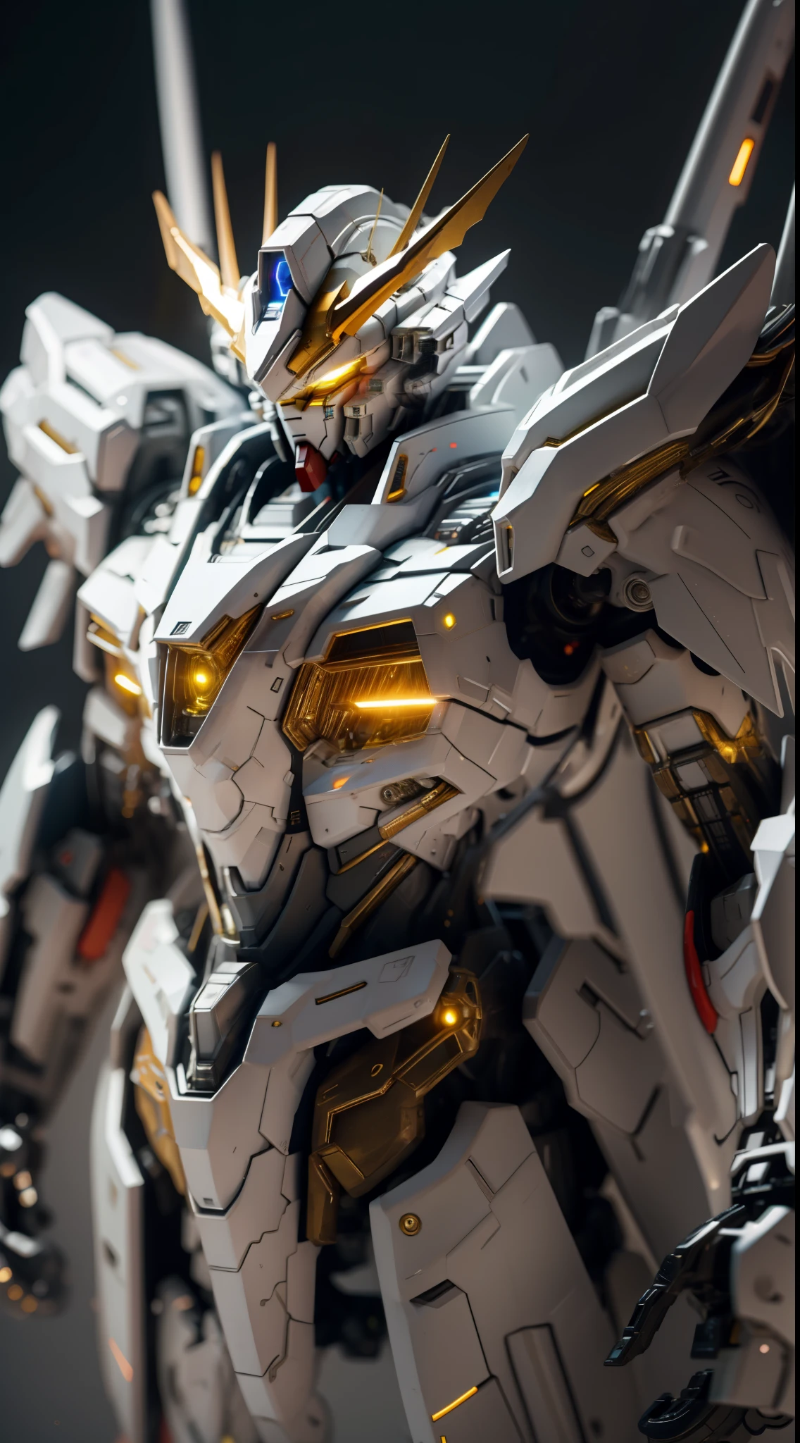 BJ_Gundam,solo,looking_at_viewer,yellow_eyes,no_humans,glowing,robot,portrait,mecha,glowing_eyes,science_fiction,straight-on,v-fin,mobile_suit,cinematic lighting,strong contrast,high level of detail,Best quality,masterpiece,