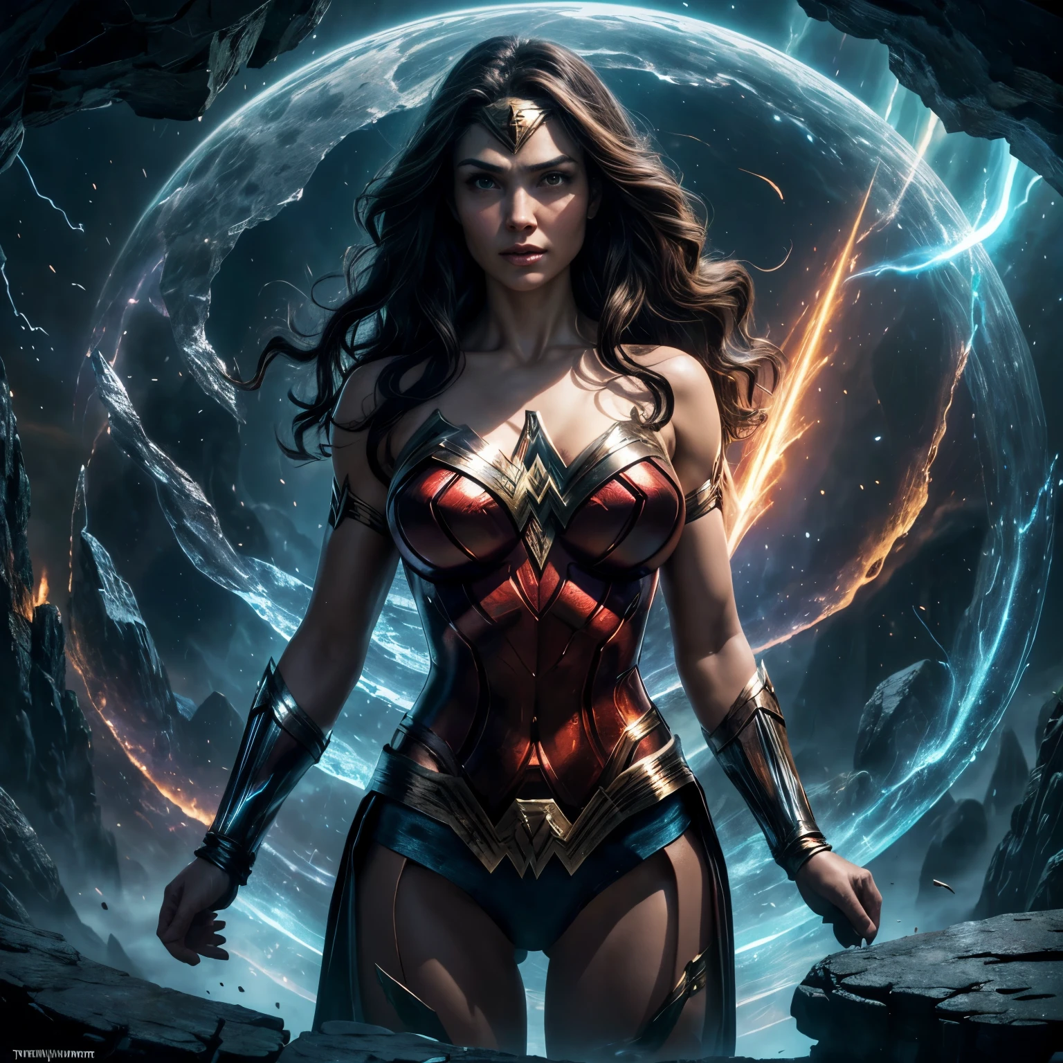 (best quality,ultra-detailed,realistic:1.37),HDR,highres,studio lighting,vivid colors,portraits,landscape,sci-fi,giga_busty,Wonder Woman,timeworn door,interdimensional portal,time and space,cracks,energy discharge,glimmering lights,broken hinges,forgotten,adventure,curiosity,mystery,nostalgia,amazing power,powerful stance,majestic presence,herculean strength,mystical aura,ancient markings,magical artifact,enchanted atmosphere,otherworldly,multiverse,parallel dimensions,dynamic composition,mythical elements,heroic figure,guardian of time,universe traveler,mesmerizing gaze,surrounded by ethereal energy,majestic cape,bold silhouette,mythical sword,awe-inspiring,fantastical realm,wonder and enchantment,door to the unknown,journey of discovery,moment frozen in time,secrets waiting to be unveiled,majestic architecture,lost in time.