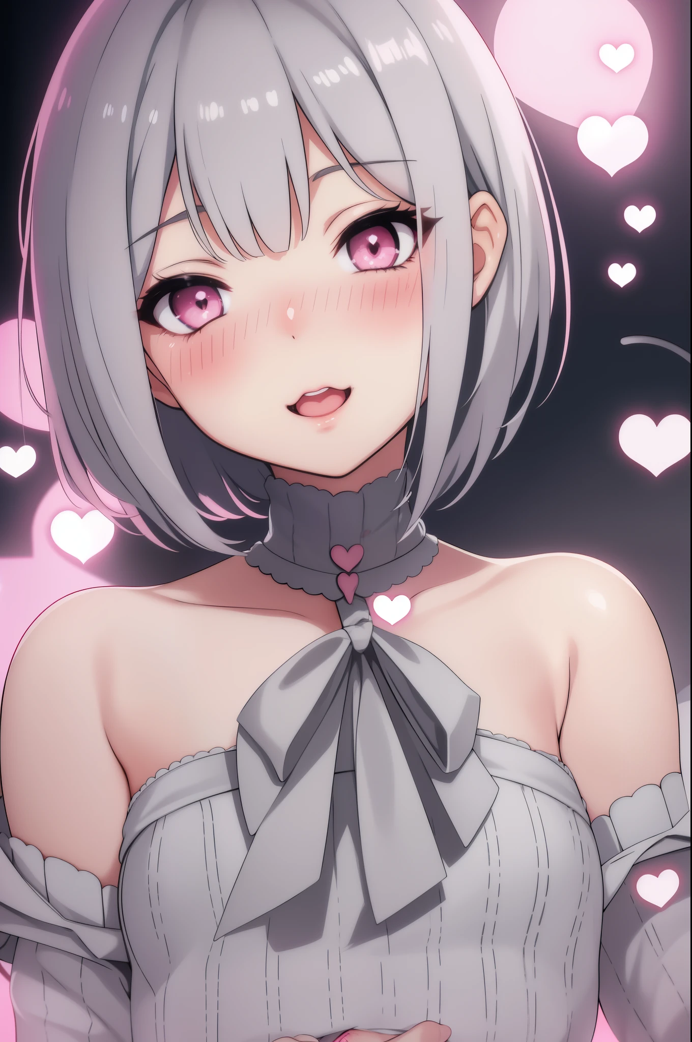 hentai,detailed gray hair,short gray bob cut,pink eyes with small hearts,beautiful detailed blush,open mouth with detailed lips,small heart-shaped blush on the cheeks,sweet and cute smile,cute small nose with blush,mediumbreasts,slender fingers with detailed nails,highres,anime-style,soft pastel color palette,ethereal lighting