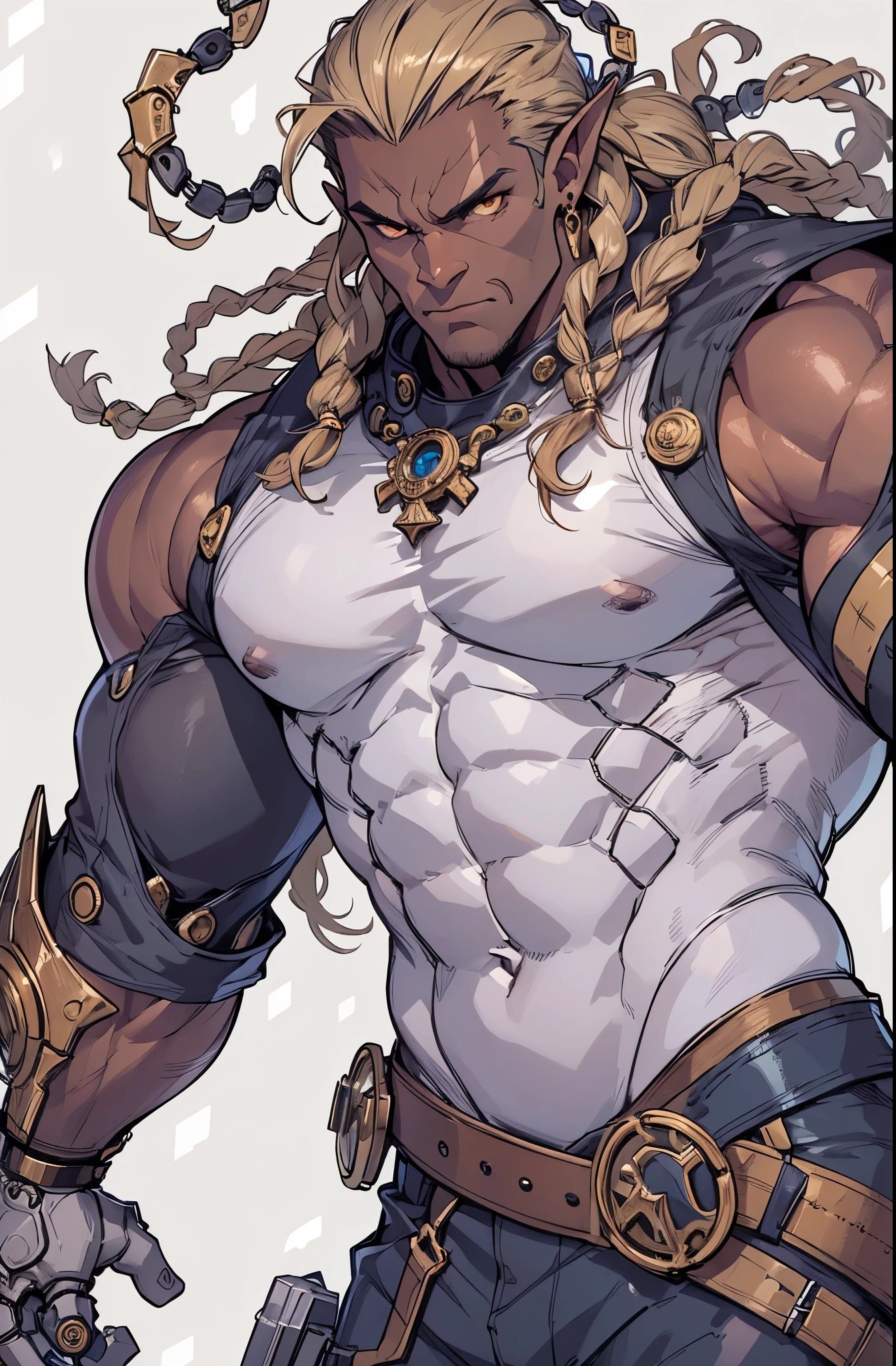 1boy, solo, cowboyshot, (orc man), (anime style), middle-aged man, (Muscular), large pectorals, fit-muscled body, Chiseled Abs, rugged face, manly, (expressionless), orange eyes, small eyes, bronze hair, forehead, slicked back hair, ((dreadlocks)), tightly coiled, ((single mechanical arm)), (dark skin), pointy ears, earrings, bare shoulders, soldier clothes, navy clothes, fur trim, gauntlets, (large build), tall, highly detailed, vibrant colors, composite lighting, professional shading, (white background:1.5), (blank background:1.5), masculine shapes, sharp and crisp image, high quality textures, perfectly structured, natural proportions, mechanical arms