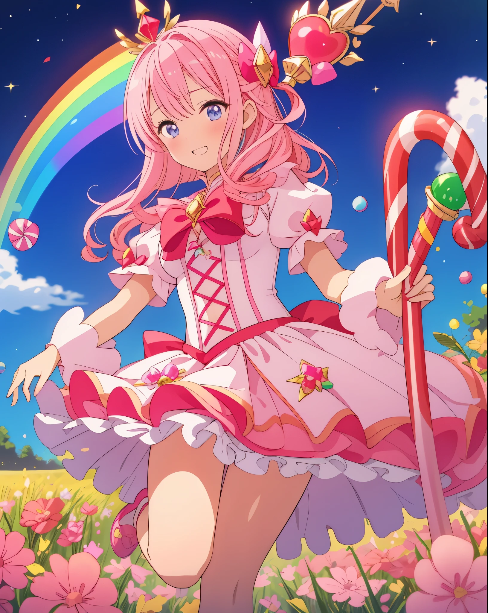 sceptre, lots of candy, Gumdrops, candycanes, a rainbow, candy, (a field of candy), 1 girl, sugar queen, pink skirt, a Sceptor of candy,dew