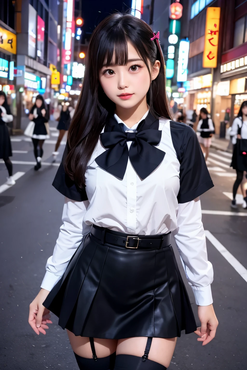 high angle shot、center view、A woman standing on a neon street at midnight、Phenomenally cute 、japanese girl uniform、summer clothes、Microminiskirt、urreal 、loafers、She wears black tights that show a little bit of skin.、black tights、Japanese high school 、Nogizaka Idol、Plump thighs、Full body Esbian、garter belt、garter ring、leg garter