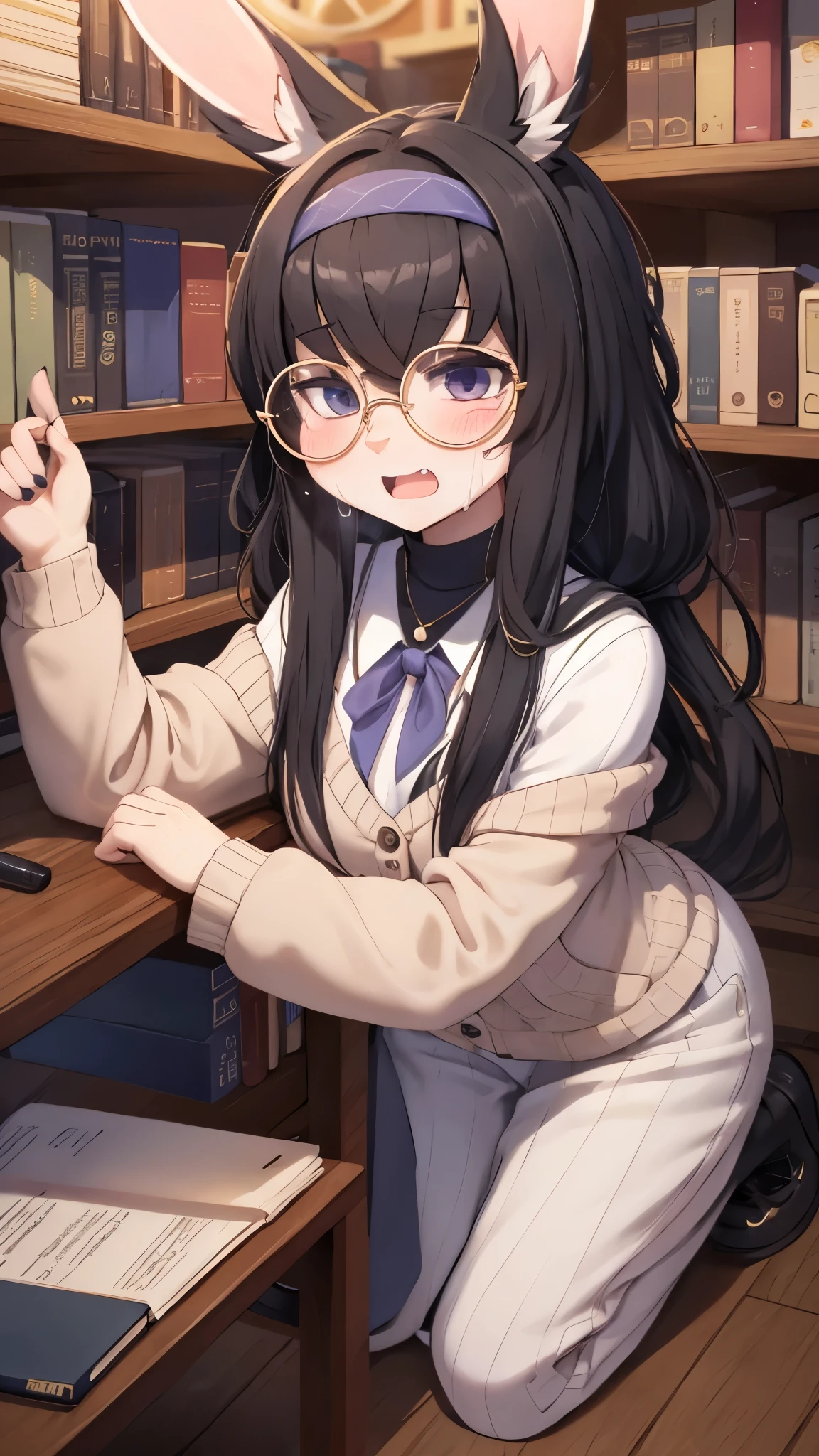 rabbit girl,black hair,black rabbit ear fur,white body fur,neck fur,scream,shock face,looking at viewer,library,leaning again bookshelf,round glasses,full face blush,sweating face,face steam,shiny skin