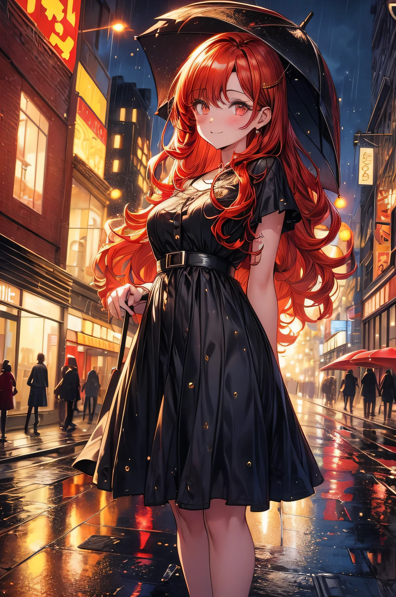 ( com olhos dourados,cabelos ruivos flamejantes:1.1),summer dress,segurando um guarda-chuva floral,dia chuvoso na cidade,paisagem urbana,atmosfera acolhedora,ruas molhadas,reflections,beautiful old buildings,ruas cheias de flores,gotas de chuva cintilantes,Bright streetlights,melhor qualidade,4k,high resolution,ultra-detalhado,cores realistas,cores vibrantes,Retratos,studio lighting