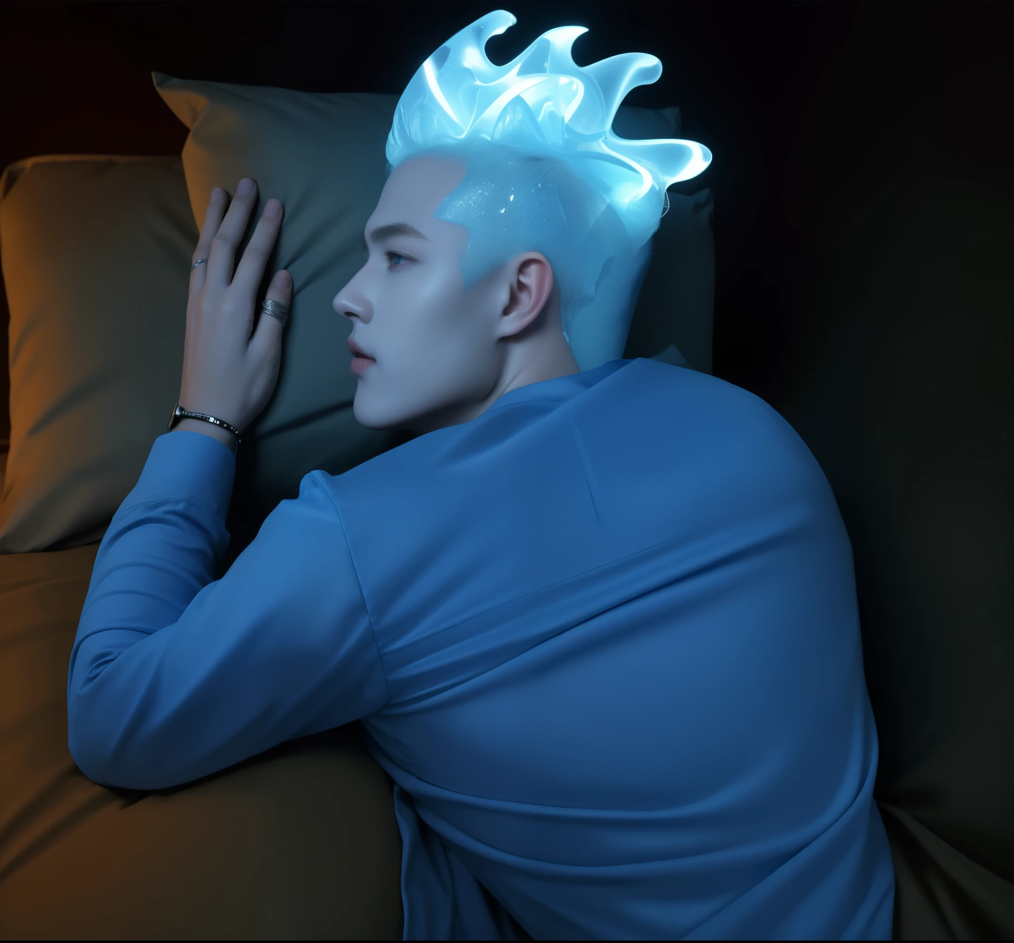 man in blue shirt laying in bed with pillow, his skin is blue, his skin is glossy, he is made of ice, man made of ice, man made of water, emerging from blue ice, glowing head, detailed glowing head, breathing blue fire, portrait shot, spotlight, rim light, detailed fabric textures, glossy costume, reflective, best quality, 4k, masterpiece:1.2, ultra-detailed, realistic, vivid colors, dark and moody lighting, The image of the highest quality, ensuring every detail showcased perfectly. It in 4k resolution, allowing viewers to immerse themselves in the richness of the colors and intricate details. The realistic rendering. under the spotlight, reflecting, high-resolution image, realistic rendering, dark background, and rim light