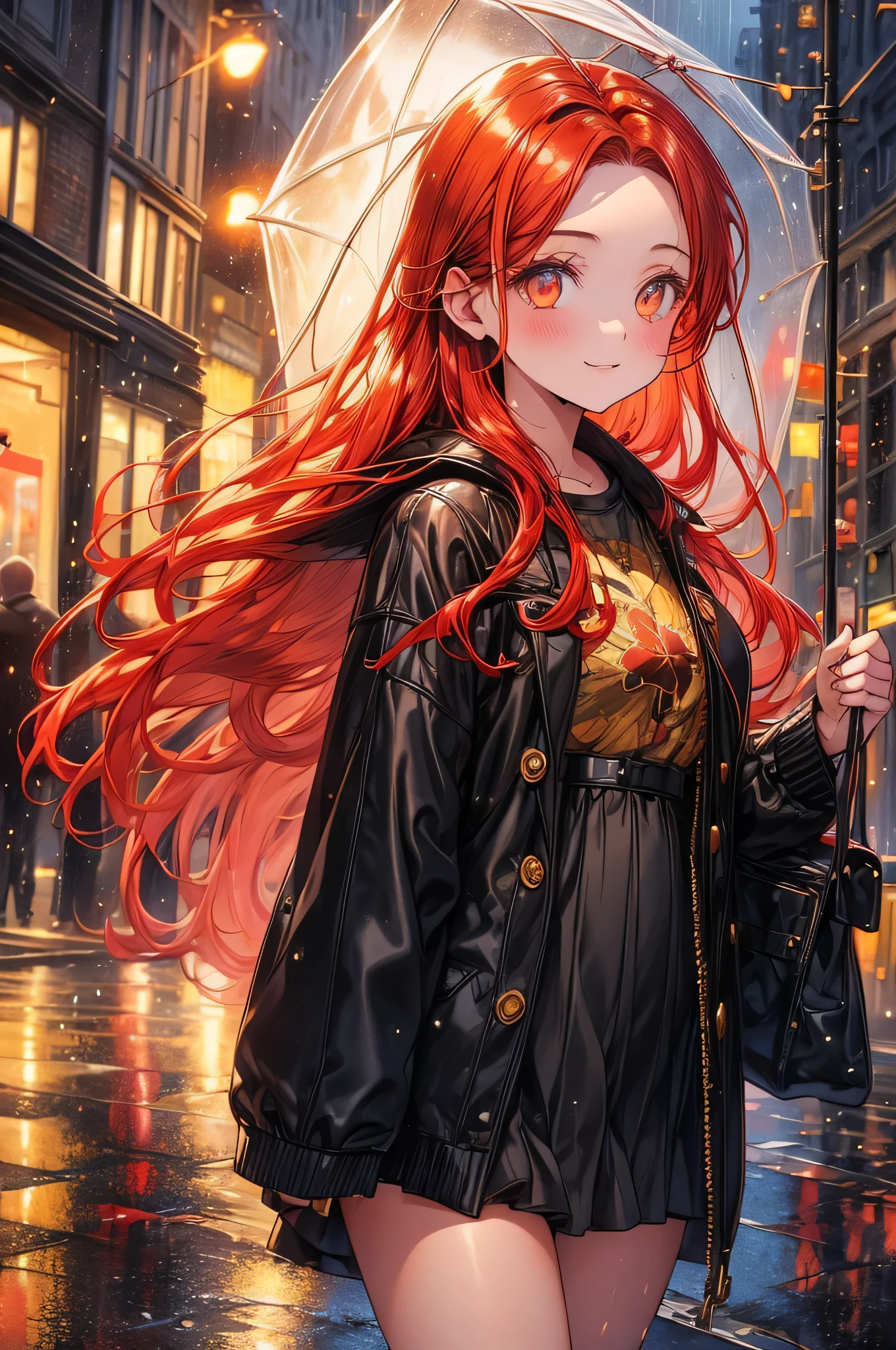 ( com olhos dourados,cabelos ruivos flamejantes:1.1),summer dress,segurando um guarda-chuva floral,dia chuvoso na cidade,paisagem urbana,atmosfera acolhedora,ruas molhadas,reflections,beautiful old buildings,ruas cheias de flores,gotas de chuva cintilantes,Bright streetlights,melhor qualidade,4k,high resolution,ultra-detalhado,cores realistas,cores vibrantes,Retratos,studio lighting
