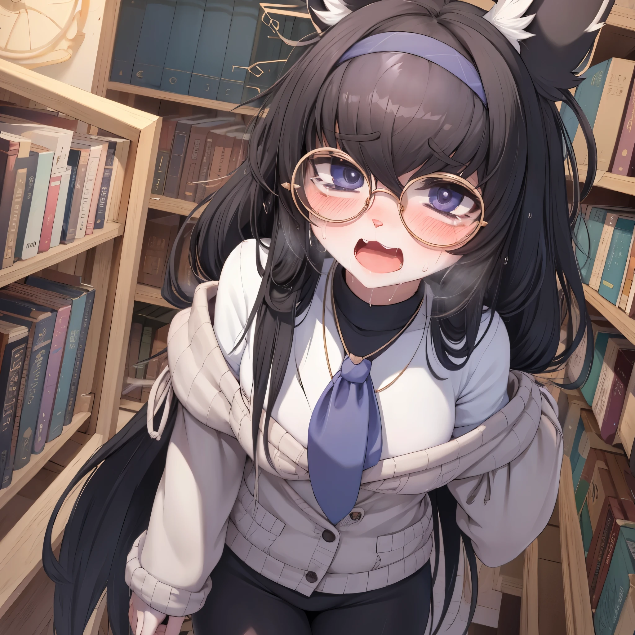 rabbit girl,black hair,black rabbit ear fur,white body fur,neck fur,scream,shock face,looking at viewer,library,leaning again bookshelf,round glasses,full face blush,sweating face,face steam,shiny skin